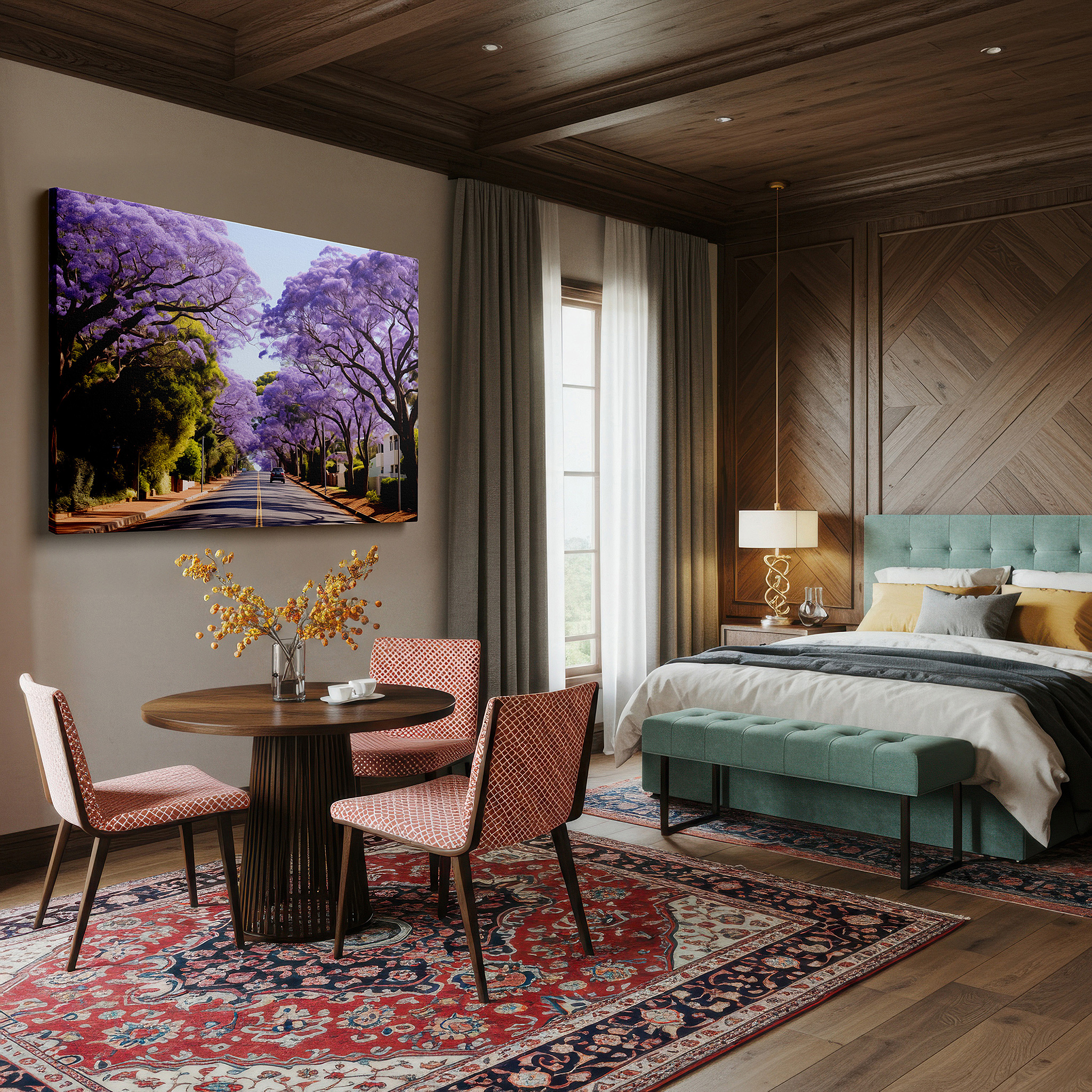 Featured in a dining room with dark wood furniture and candlelight — serene street adorned with majestic jacaranda trees in bloom, featuring vibrant purple and lush greenery, large canvas wall art
