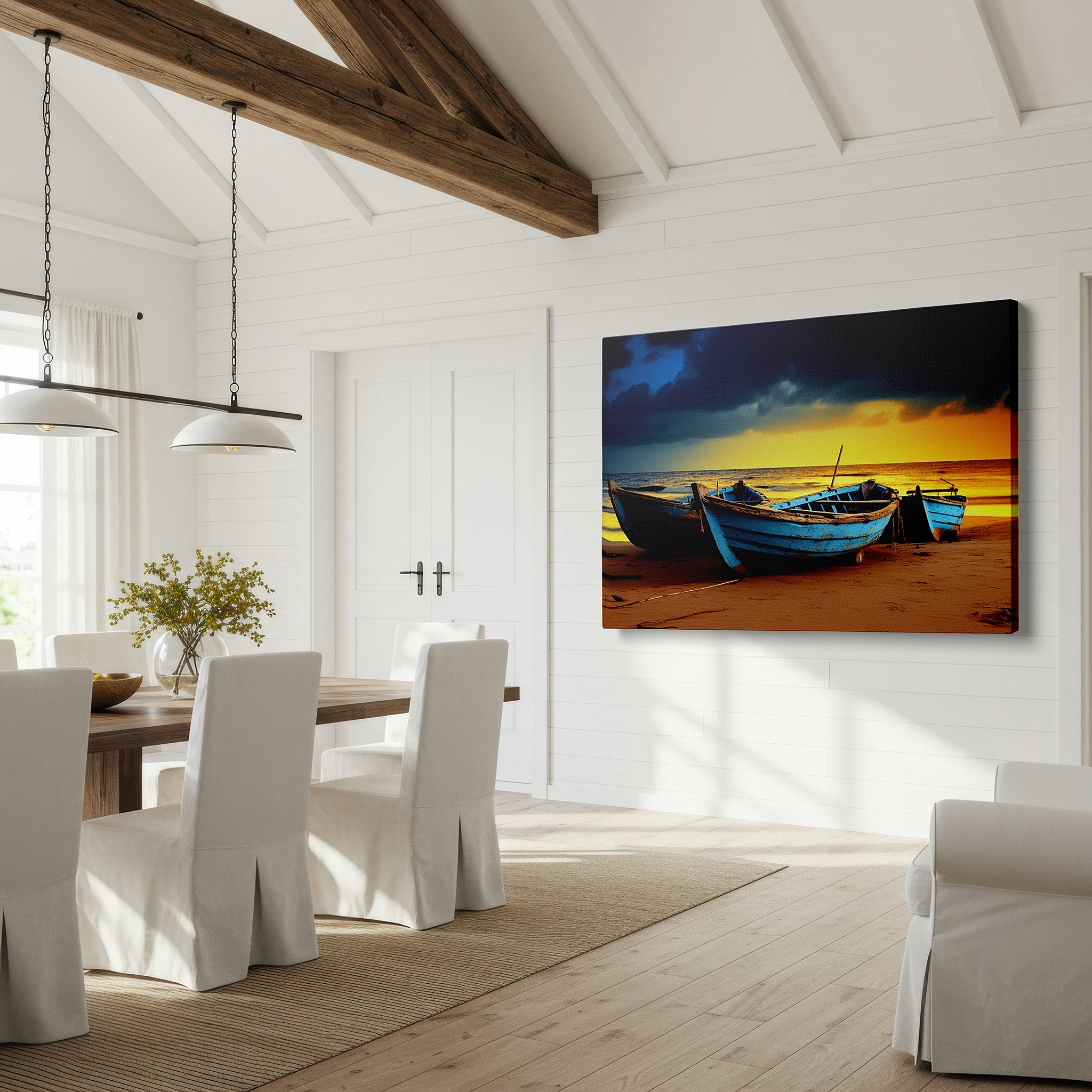 Featured in a dining room with dark wood furniture and candlelight — serene sunset and aged blue boats on a sandy shore - a visual exploration of time and memory large wall art, canvas wall art, wall decor