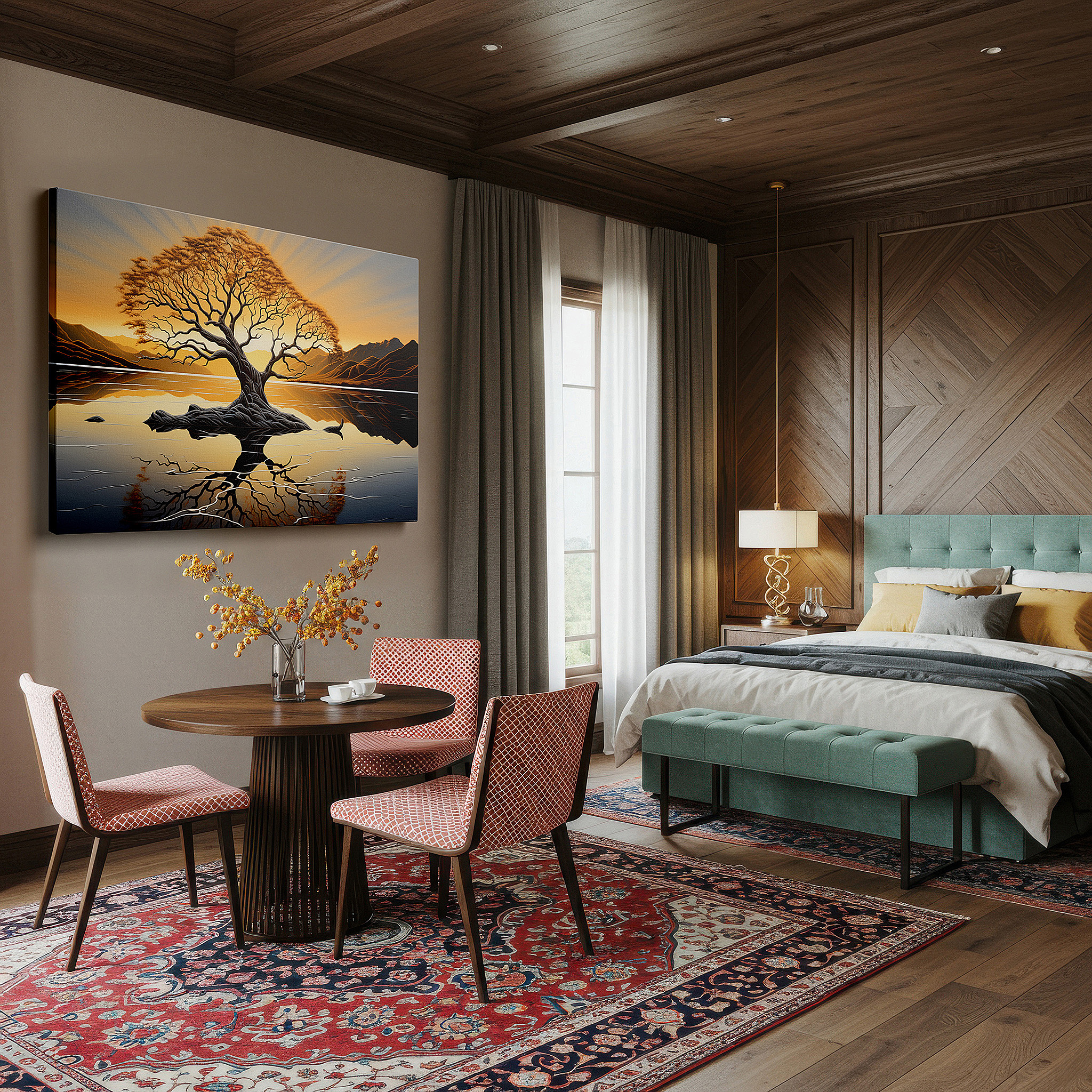 Featured in a dining room with dark wood furniture and candlelight — serene sunset and solitary tree reflection - peaceful scenery large wall art, canvas wall art, decorative wall art for office and bedroom
