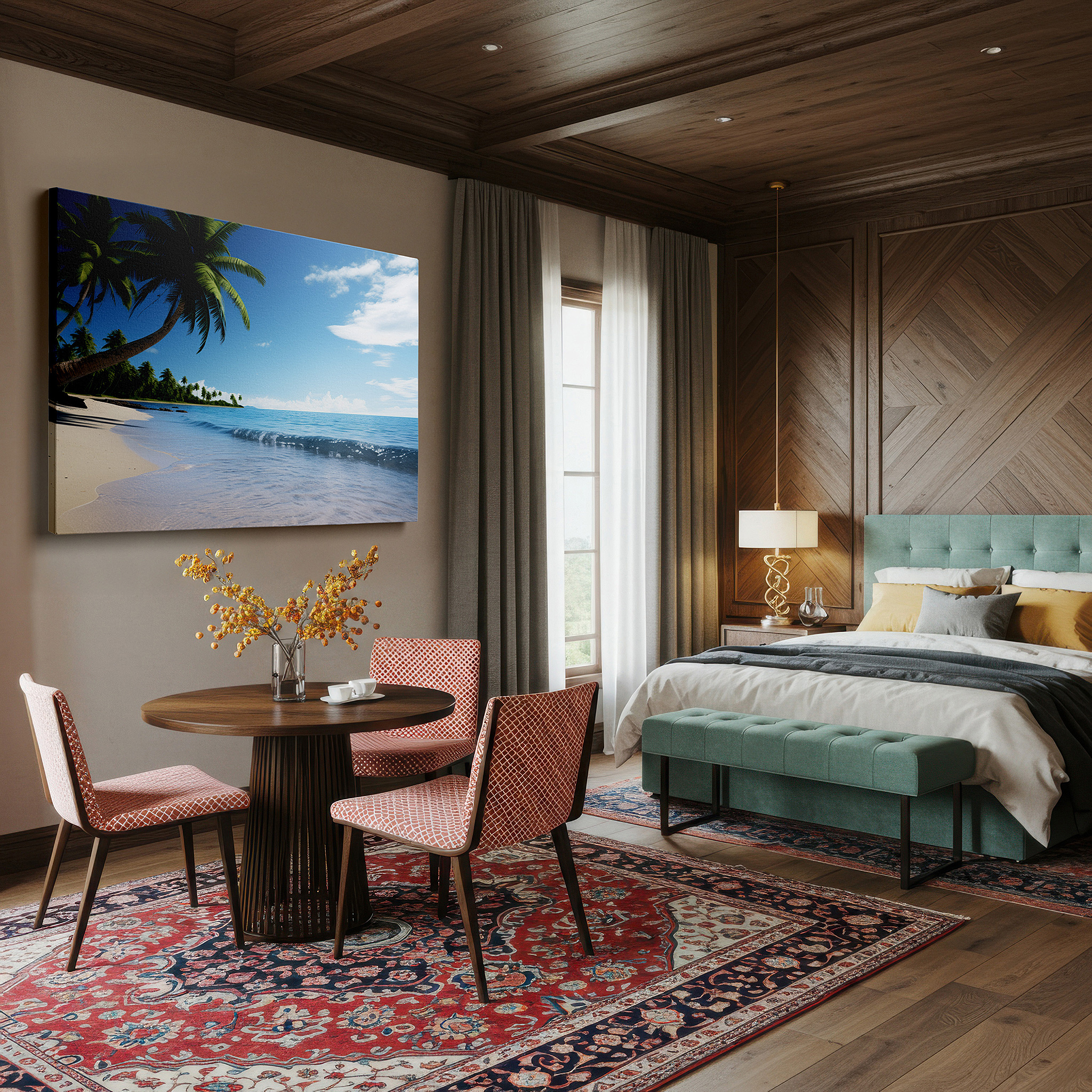 Featured in a dining room with dark wood furniture and candlelight — serene tropical beach scene: a gateway to a sun-drenched paradise - large canvas wall art for office, living room, and bedroom decor