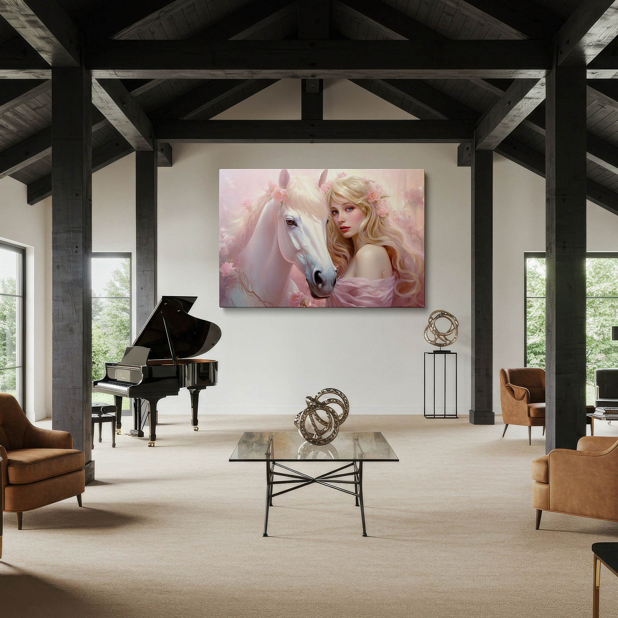 Featured in a dining room with dark wood furniture and candlelight — serene woman with majestic white horse in a dreamy pastel landscape - large canvas wall art for office and bedroom decor