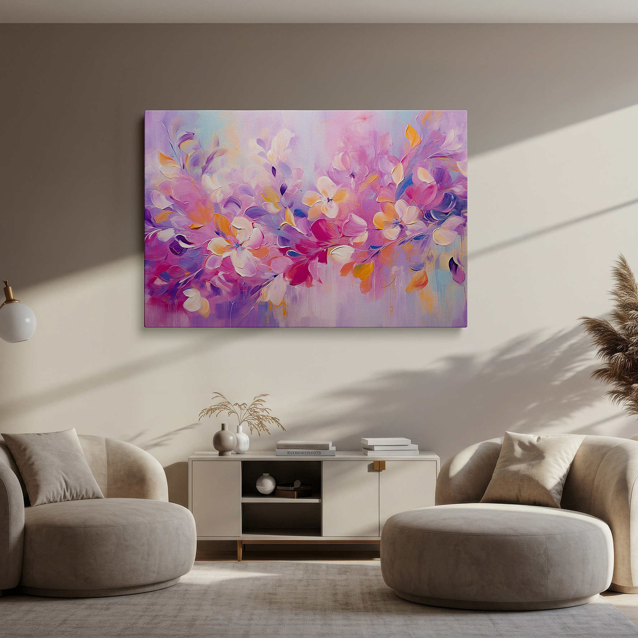 Featured in a dining room with dark wood furniture and candlelight — soft pink and purple delicate blossom symphony large wall art, canvas wall art, wall decor for office and bedroom