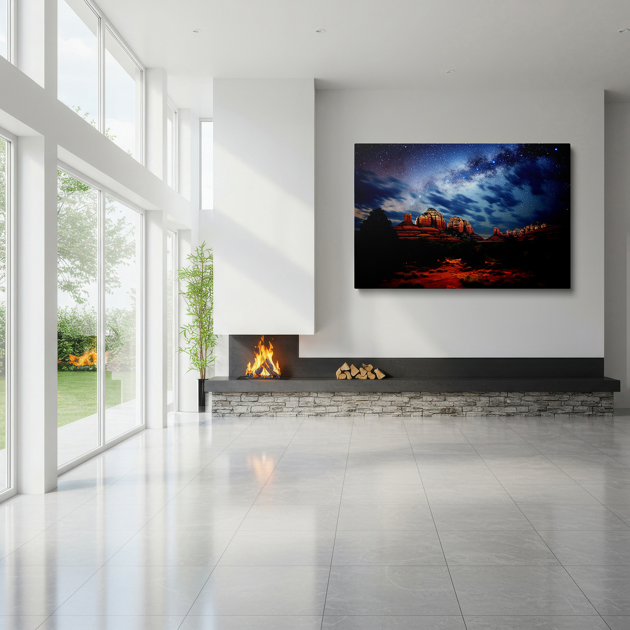 Featured in a dining room with dark wood furniture and candlelight — starry skies over sedona's red rocks - serene earth and cosmos fusion large wall art, canvas wall art, wall decor for office and bedroom