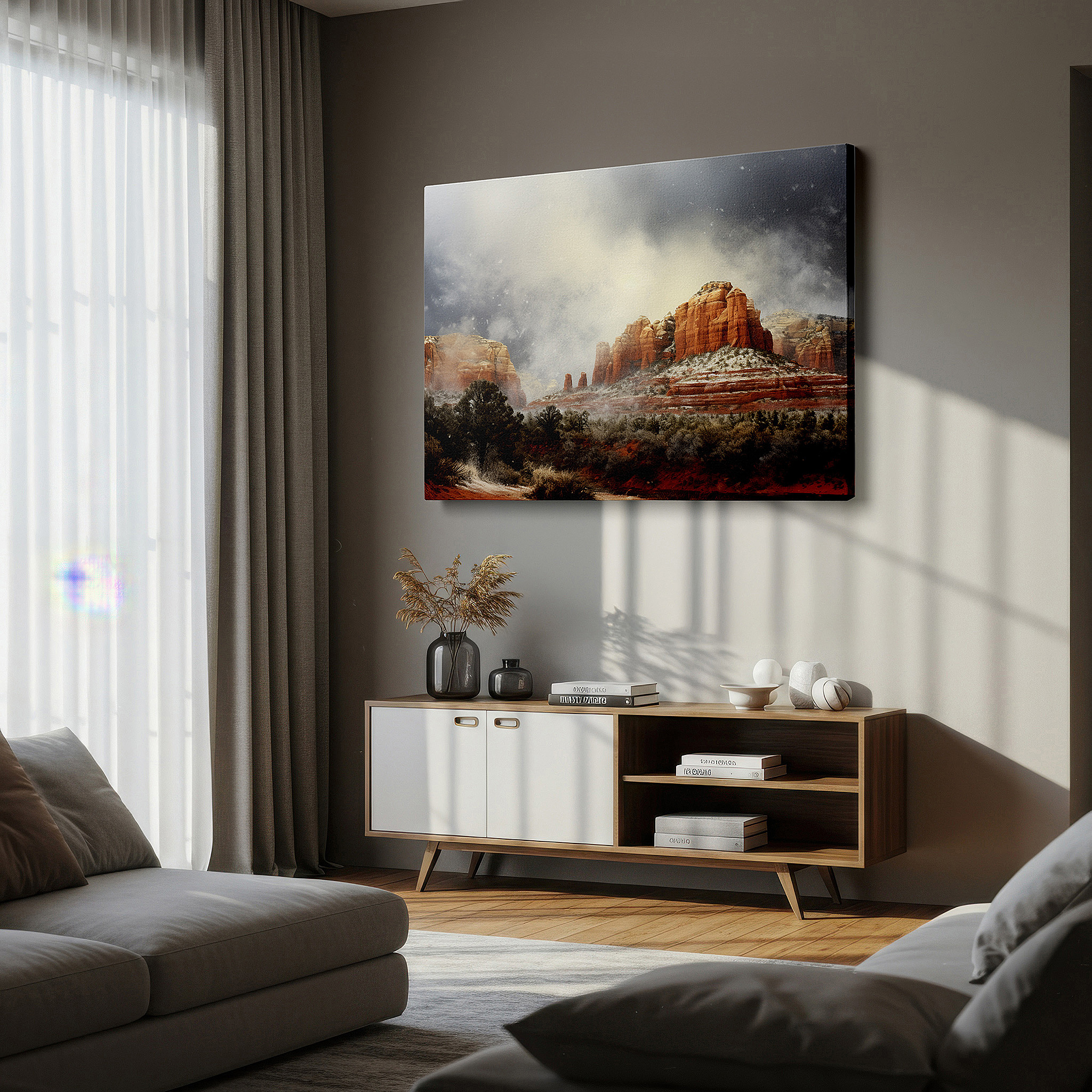 Featured in a dining room with dark wood furniture and candlelight — stormy landscape with snowfall over majestic red rock mountains - large canvas wall art for emotional and visual impact, ideal for home and office decor
