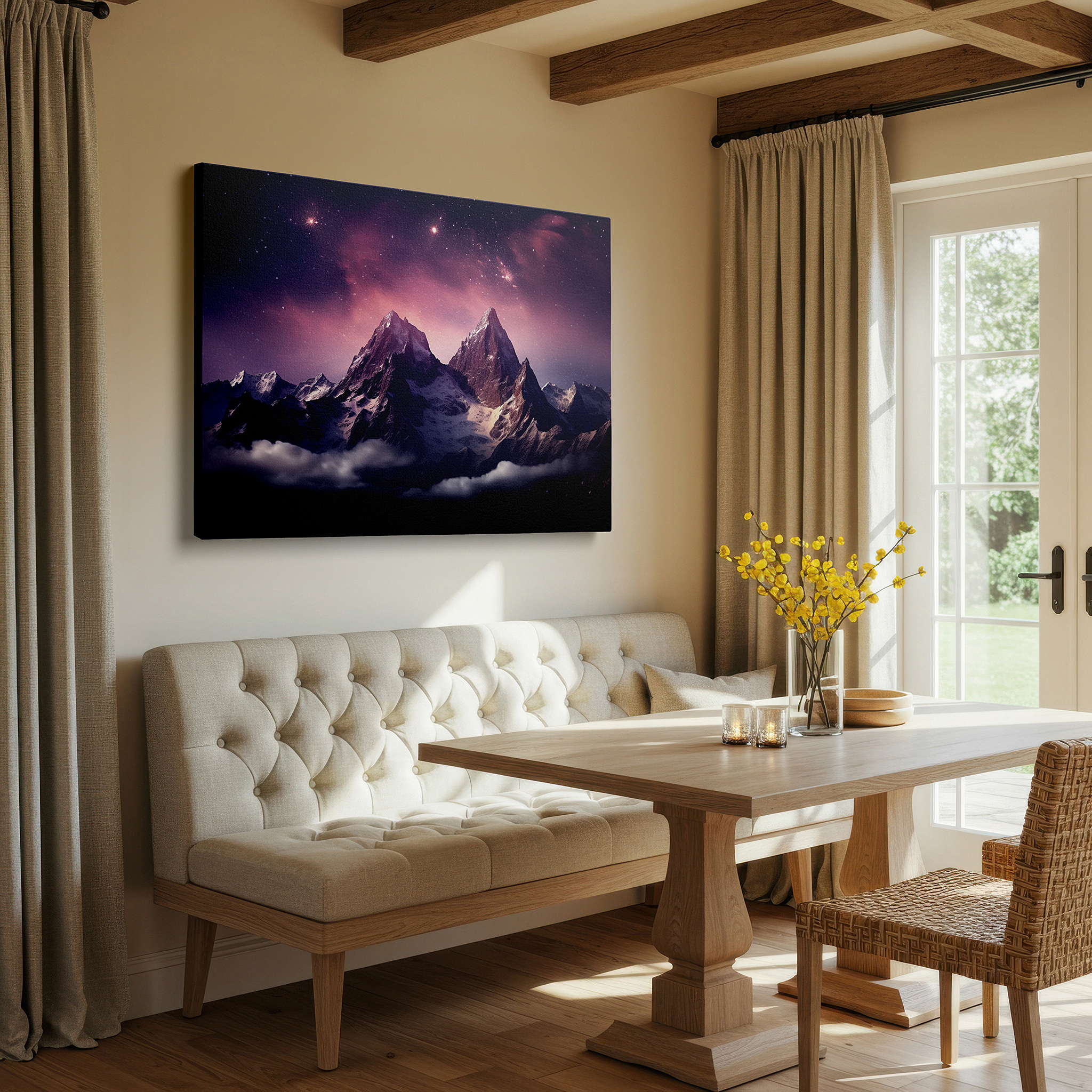 Featured in a dining room with dark wood furniture and candlelight — stunning mountains under a starry sky: spectacular nature scene large wall art, canvas wall art, wall decor for office