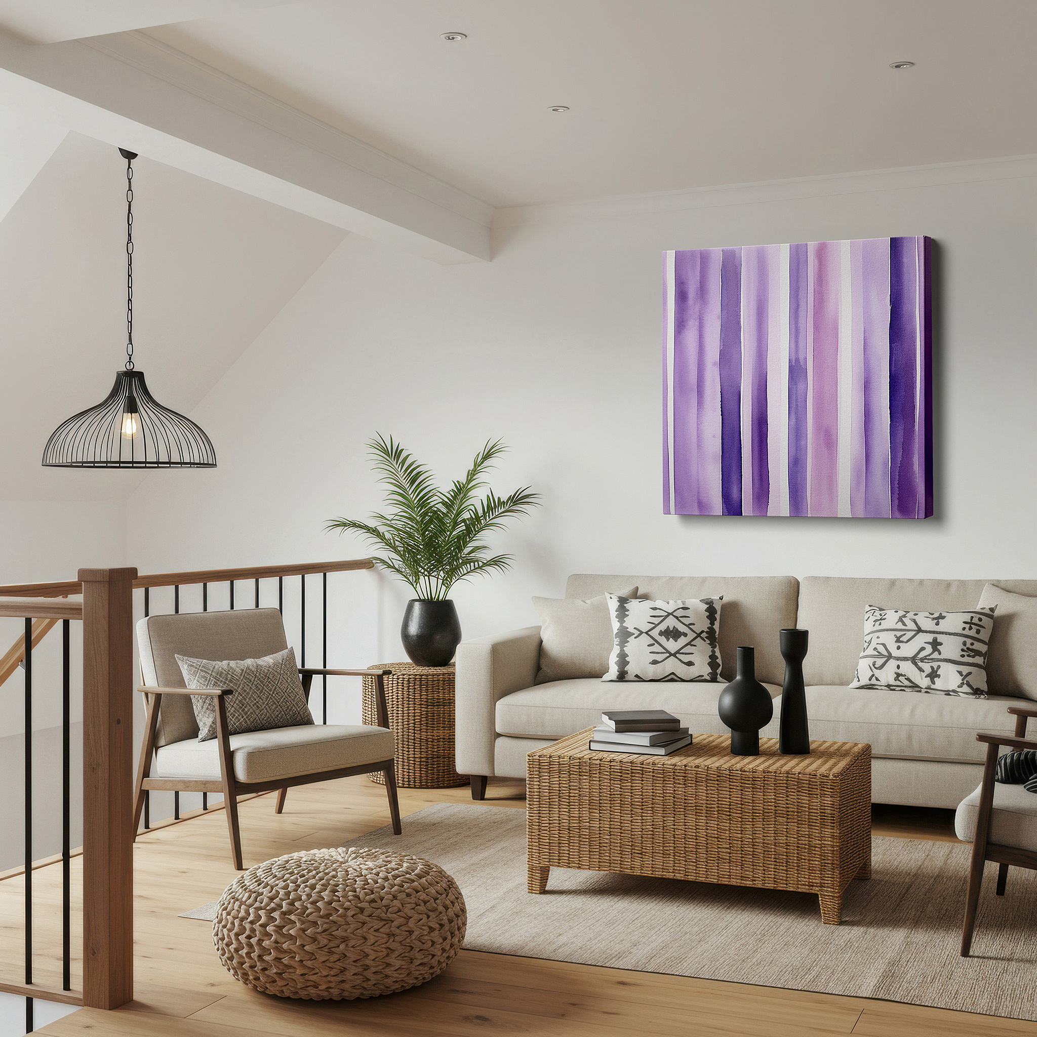 Featured in a dining room with dark wood furniture and candlelight — subtle purple stripes radiating harmony and tranquility - large canvas wall art for office and bedroom decor