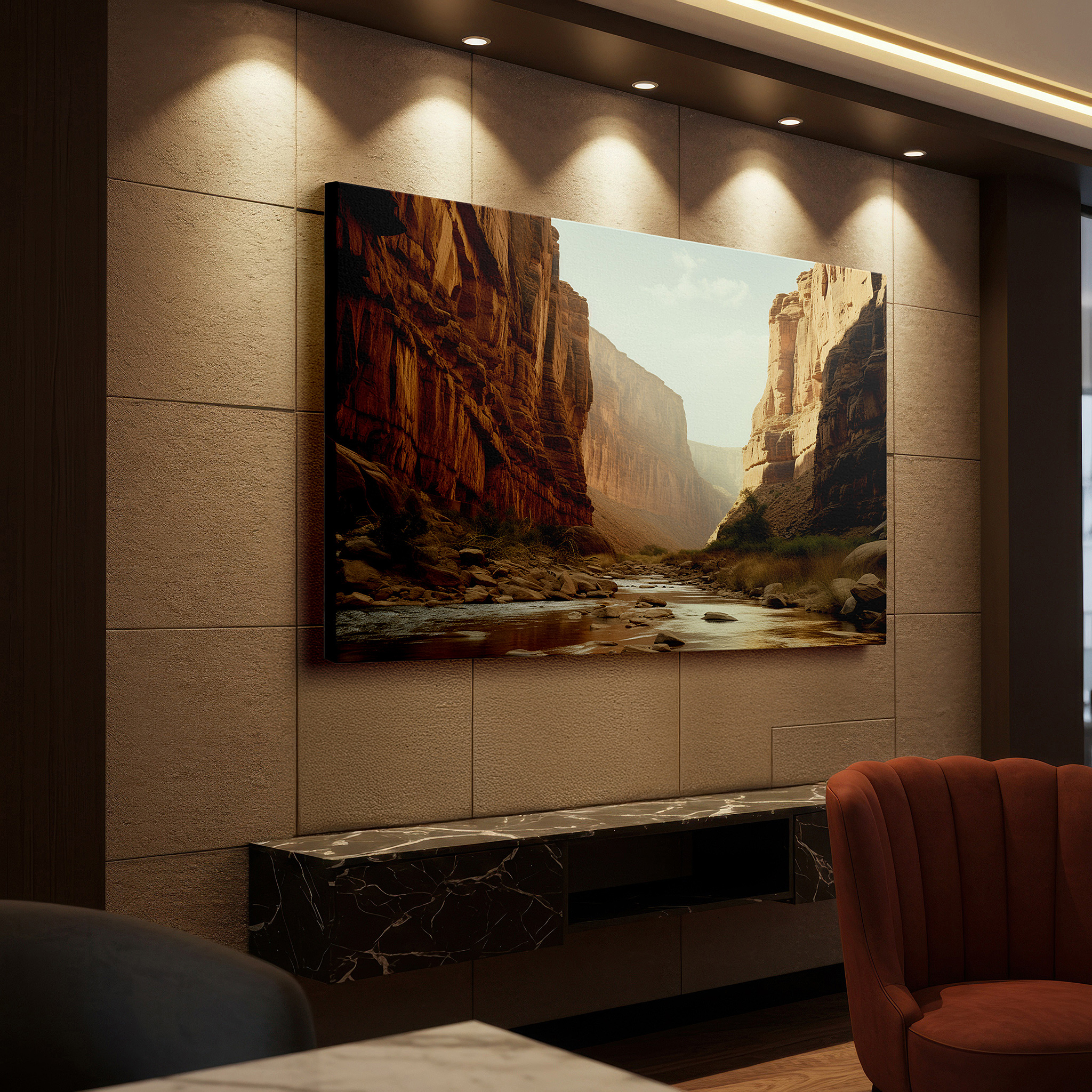 Featured in a dining room with dark wood furniture and candlelight — sunlit sandstone canyon with meandering river large canvas wall art for office and bedroom decor