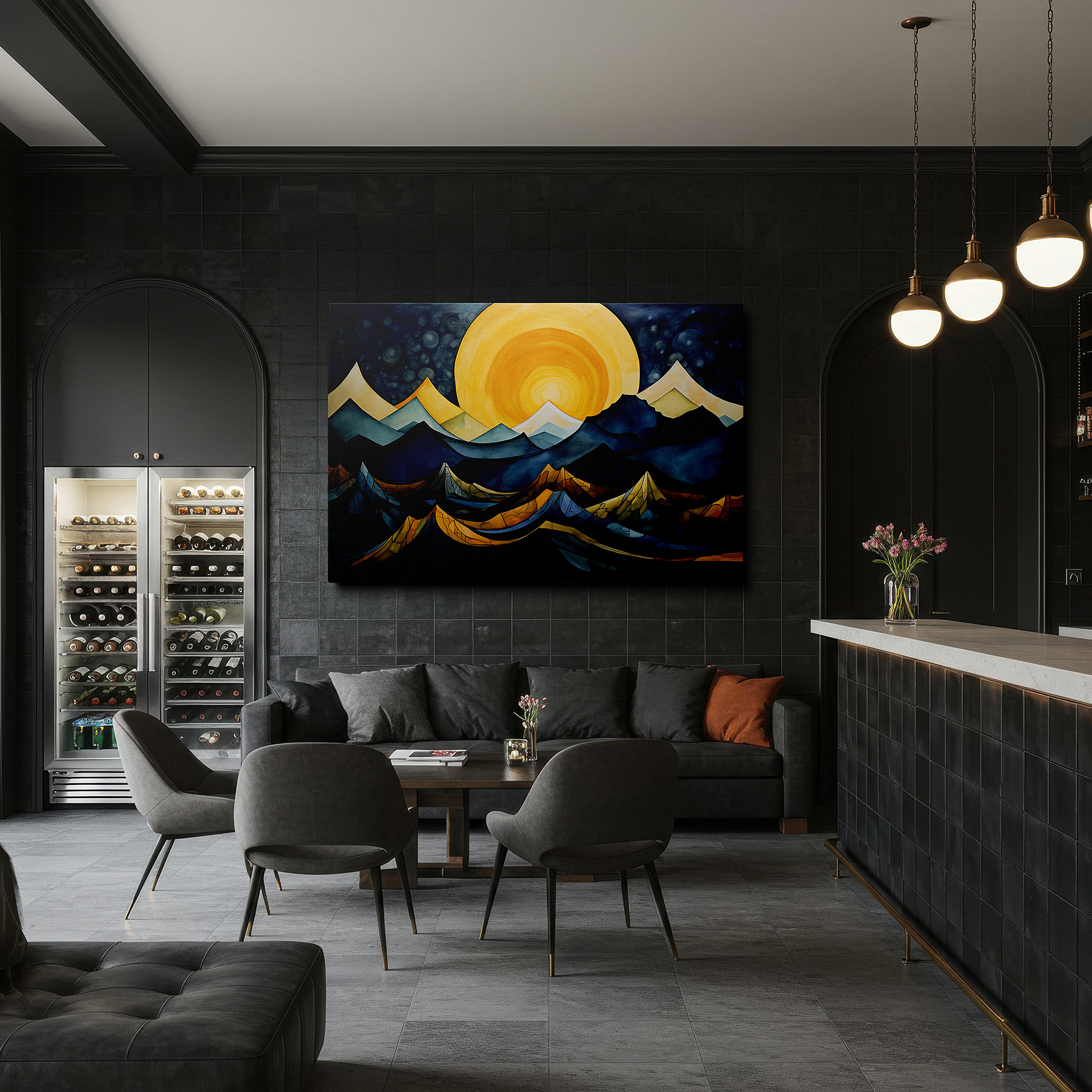 Featured in a dining room with dark wood furniture and candlelight — sunrise symphony over surreal mountains: celebrating nature's majesty with large canvas wall art for home and office decor