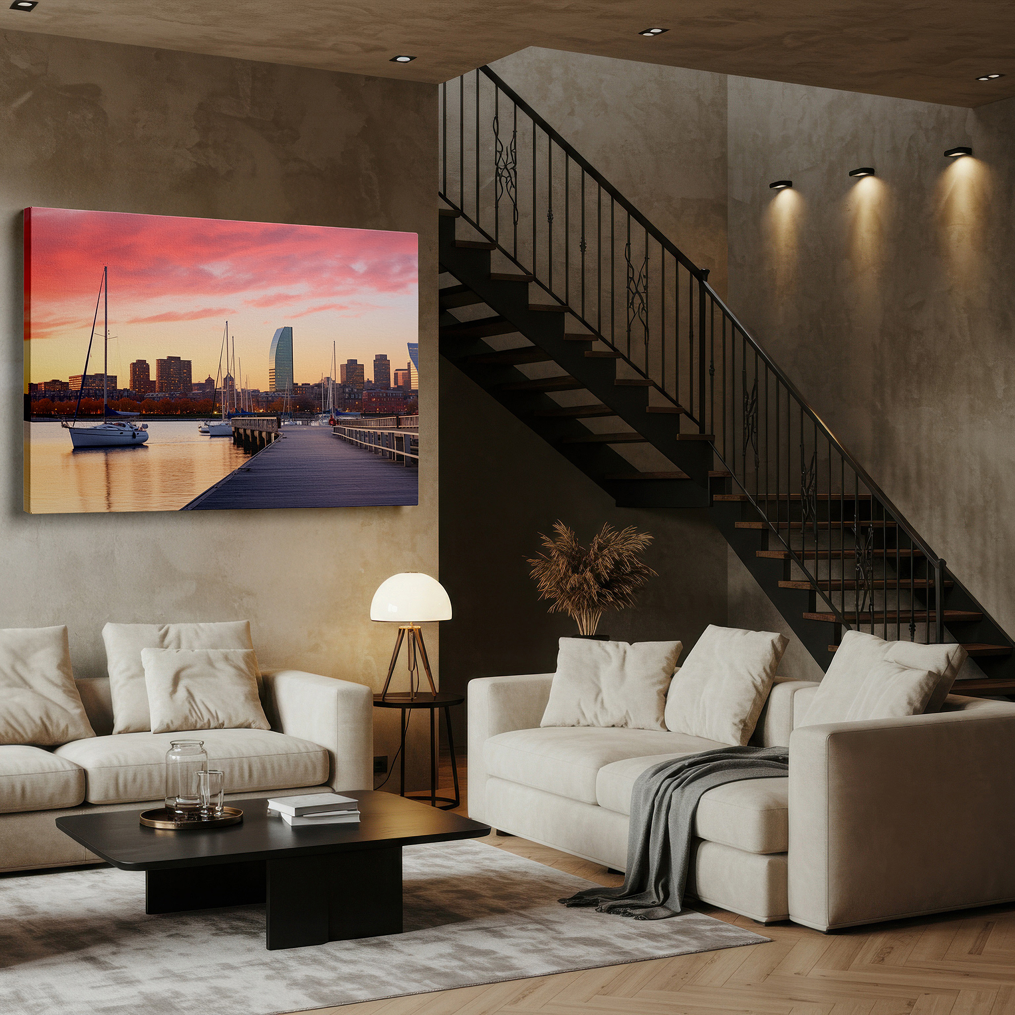 Featured in a dining room with dark wood furniture and candlelight — sunset over bustling harbor canvas print featuring sailboats and city skyline - ideal for office, bedroom, or living room decor