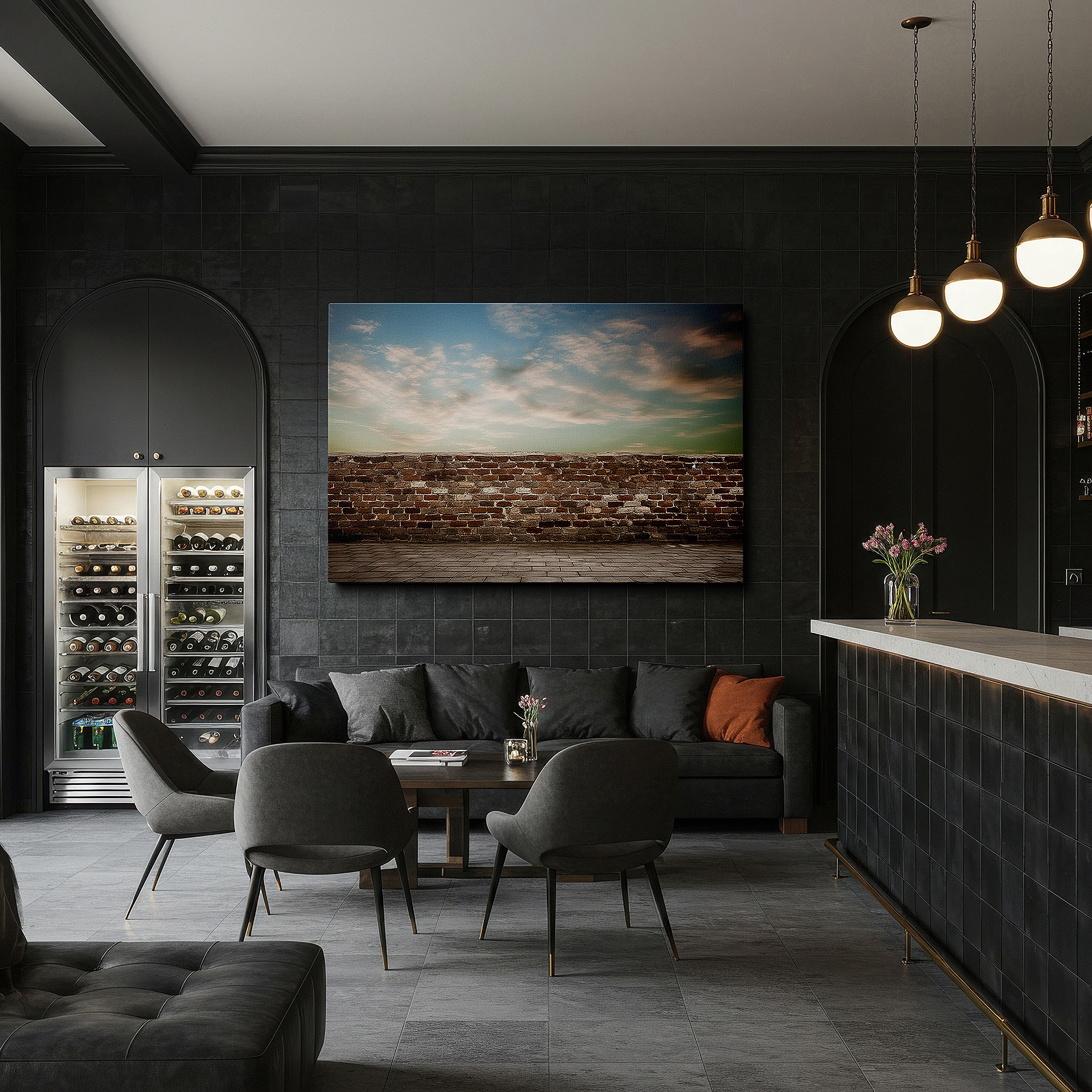 Featured in a dining room with dark wood furniture and candlelight — timeless blend of aged bricks and evening sky large wall art, canvas wall decor for office, bedroom, and living room