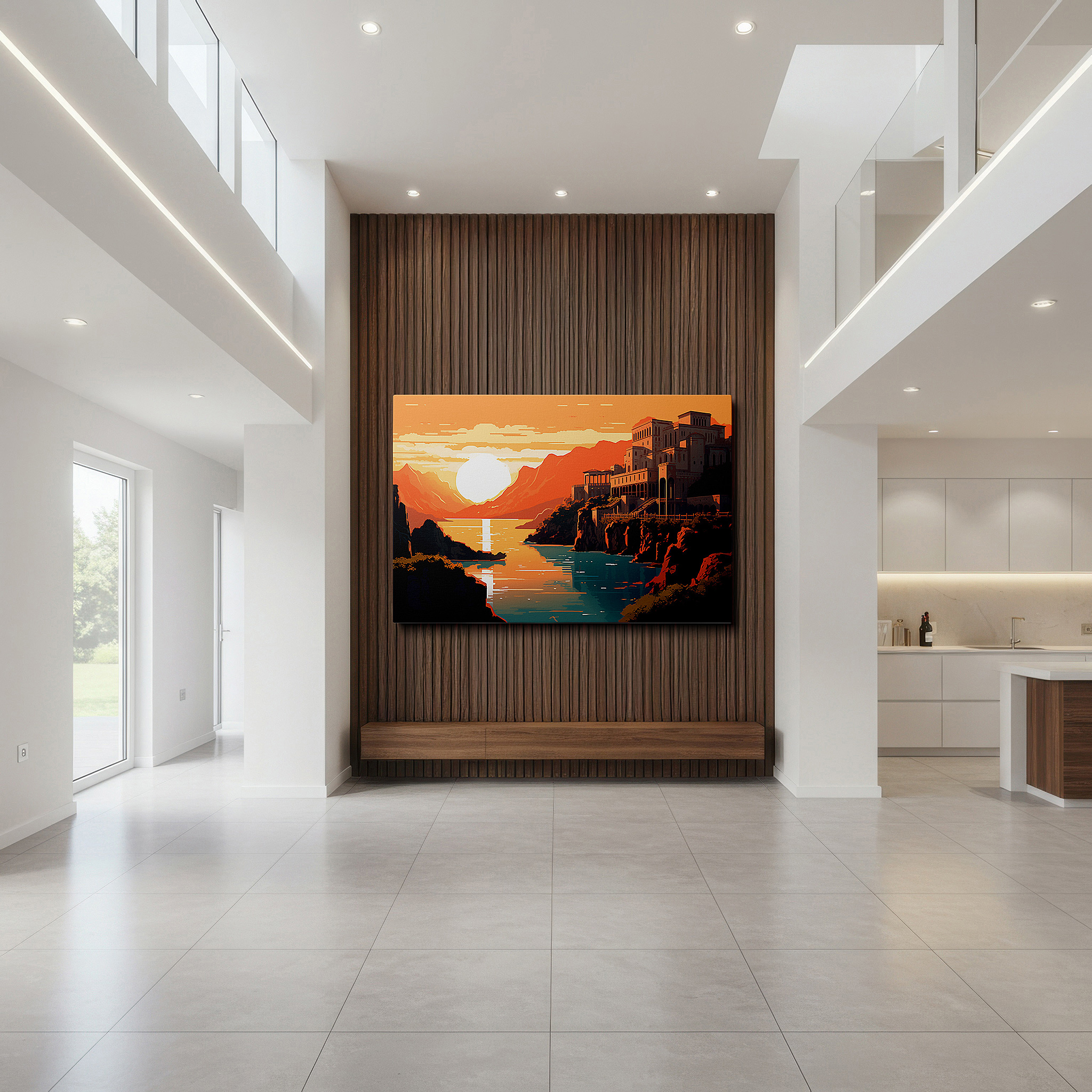 Featured in a dining room with dark wood furniture and candlelight — timeless harmony of historical architecture and sunset glow: large canvas wall art for office, bedroom, and living room decor