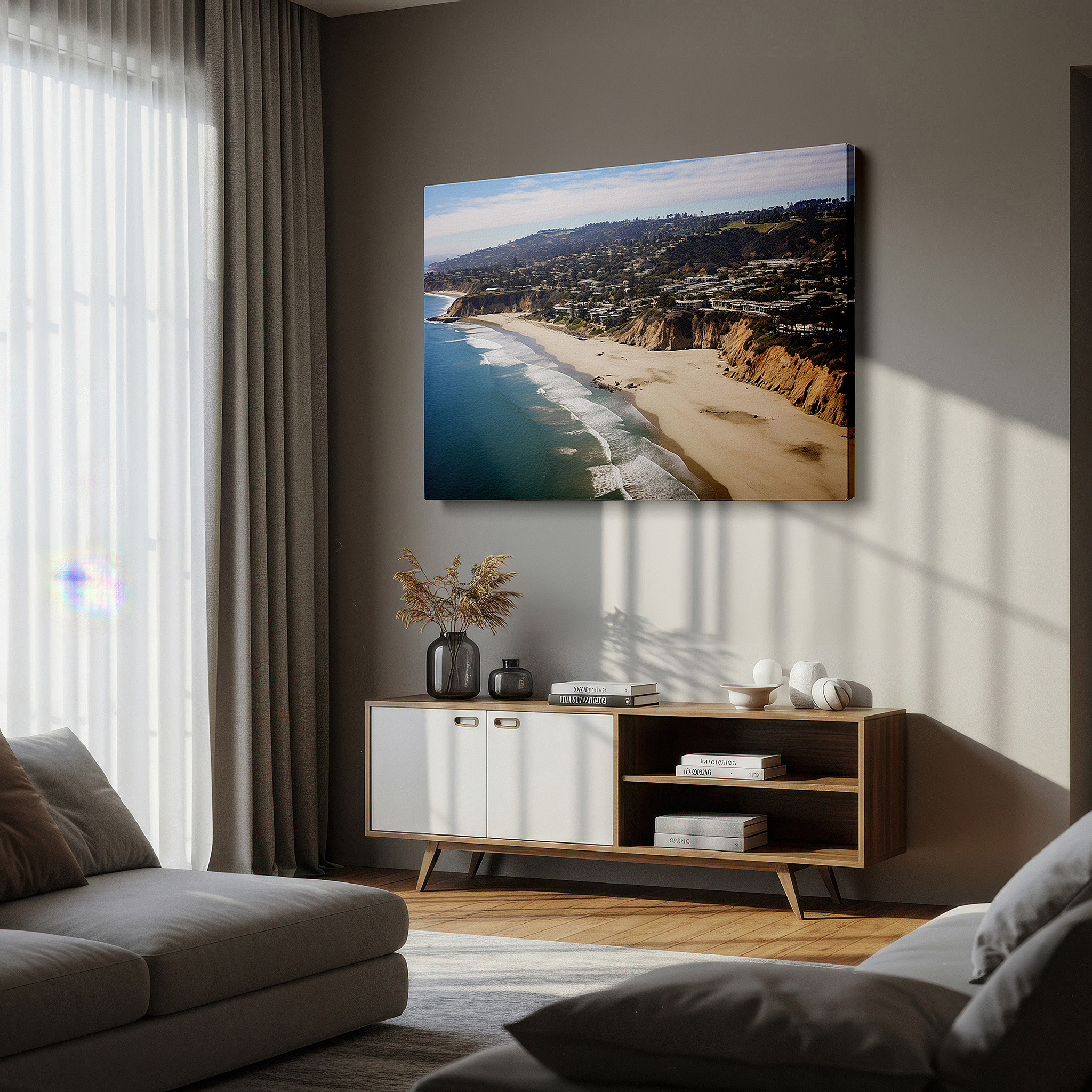 Featured in a dining room with dark wood furniture and candlelight — tranquil coastal paradise wall art featuring lush cliffs and pristine waters - large canvas for home and office decor, perfect for living room and bedroom