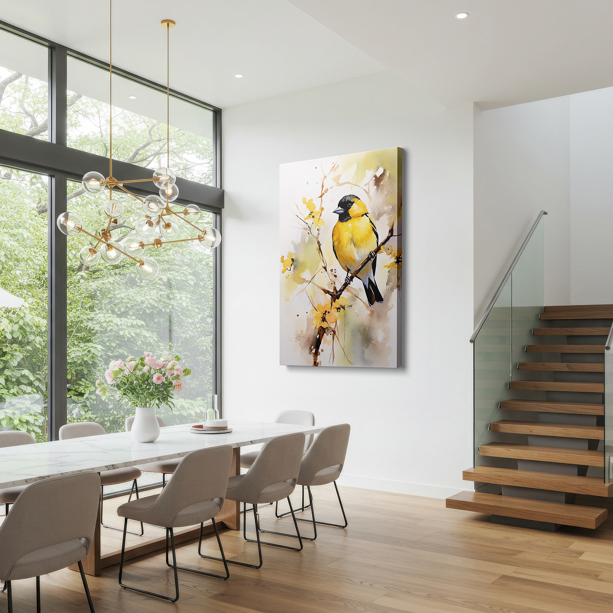 Featured in a dining room with dark wood furniture and candlelight — tranquil dawn light featuring serene yellow bird on blossoming branch - large canvas wall art for office decor