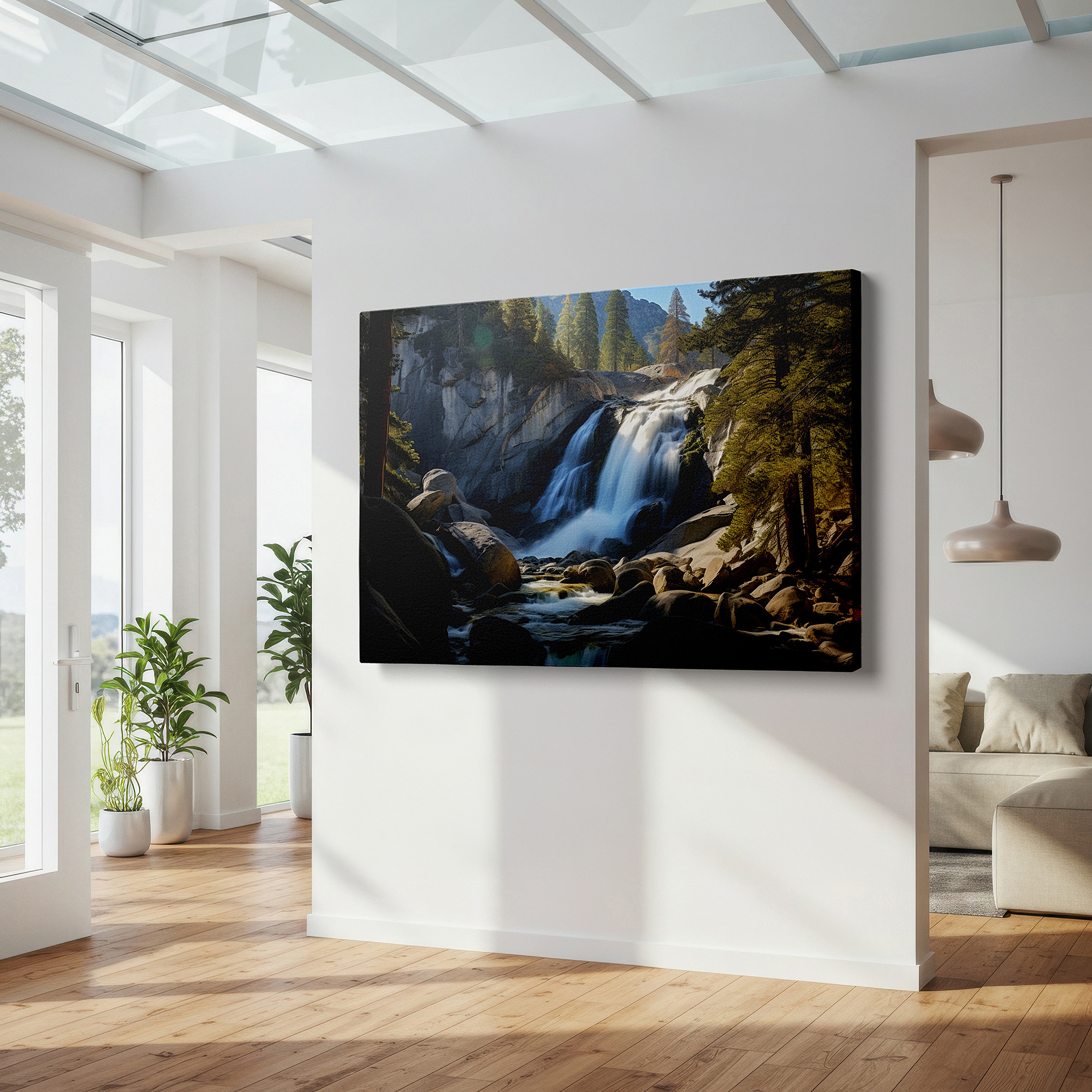 Featured in a dining room with dark wood furniture and candlelight — tranquil waterfall and lush pines large wall art, canvas decor for office and bedroom