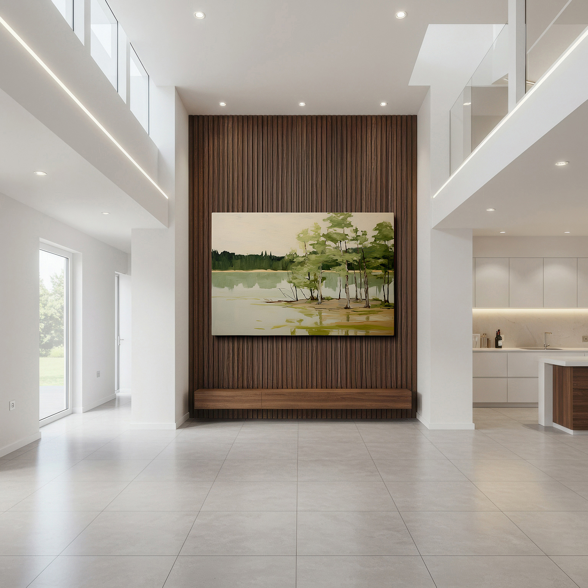 Featured in a dining room with dark wood furniture and candlelight — tranquil waters and lush foliage - serene landscape wall art for peaceful reflection, perfect for office or bedroom decor