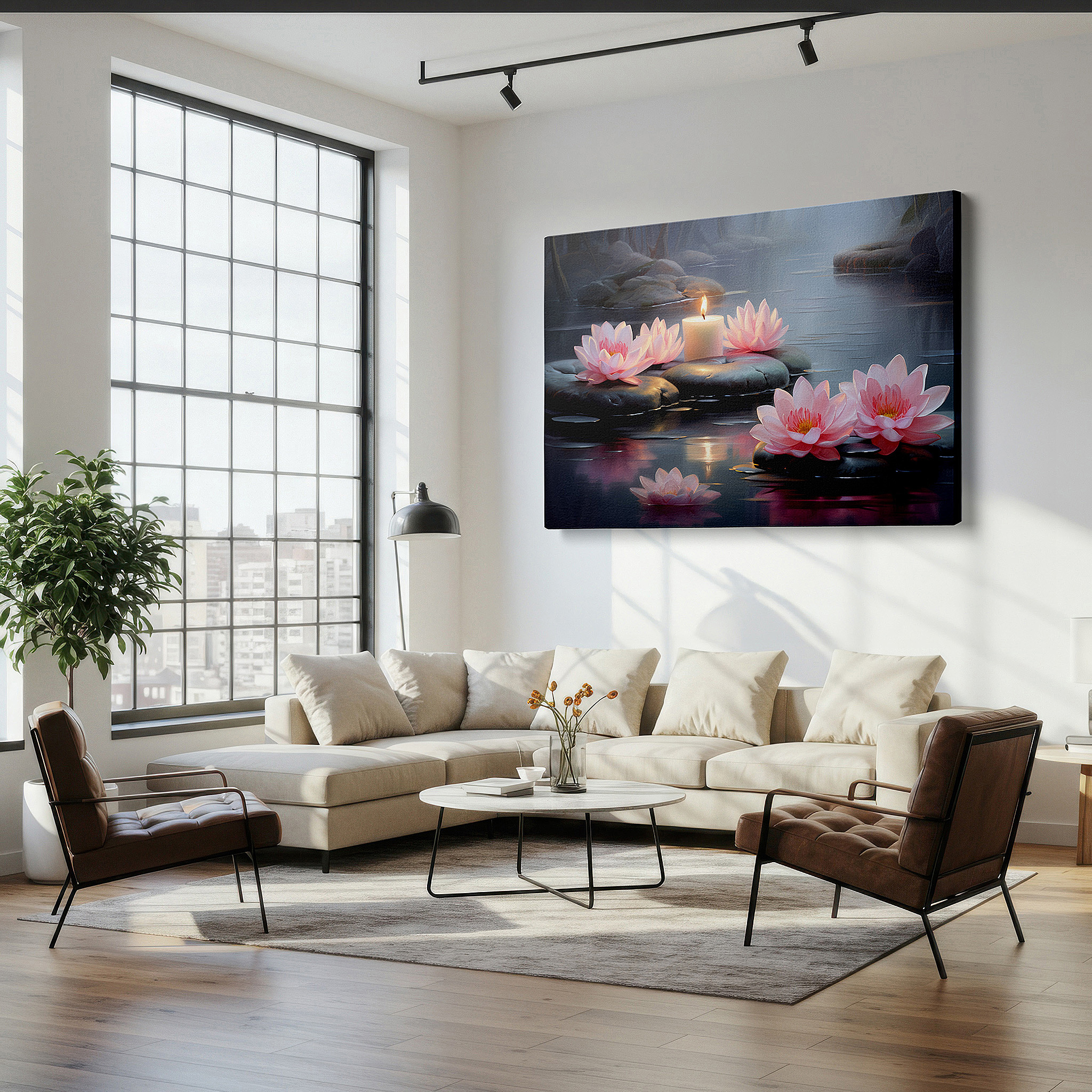 Featured in a dining room with dark wood furniture and candlelight — tranquil waterscape canvas art featuring pink lotus flowers, symbols of purity and spiritual awakening - ideal for office and home decor
