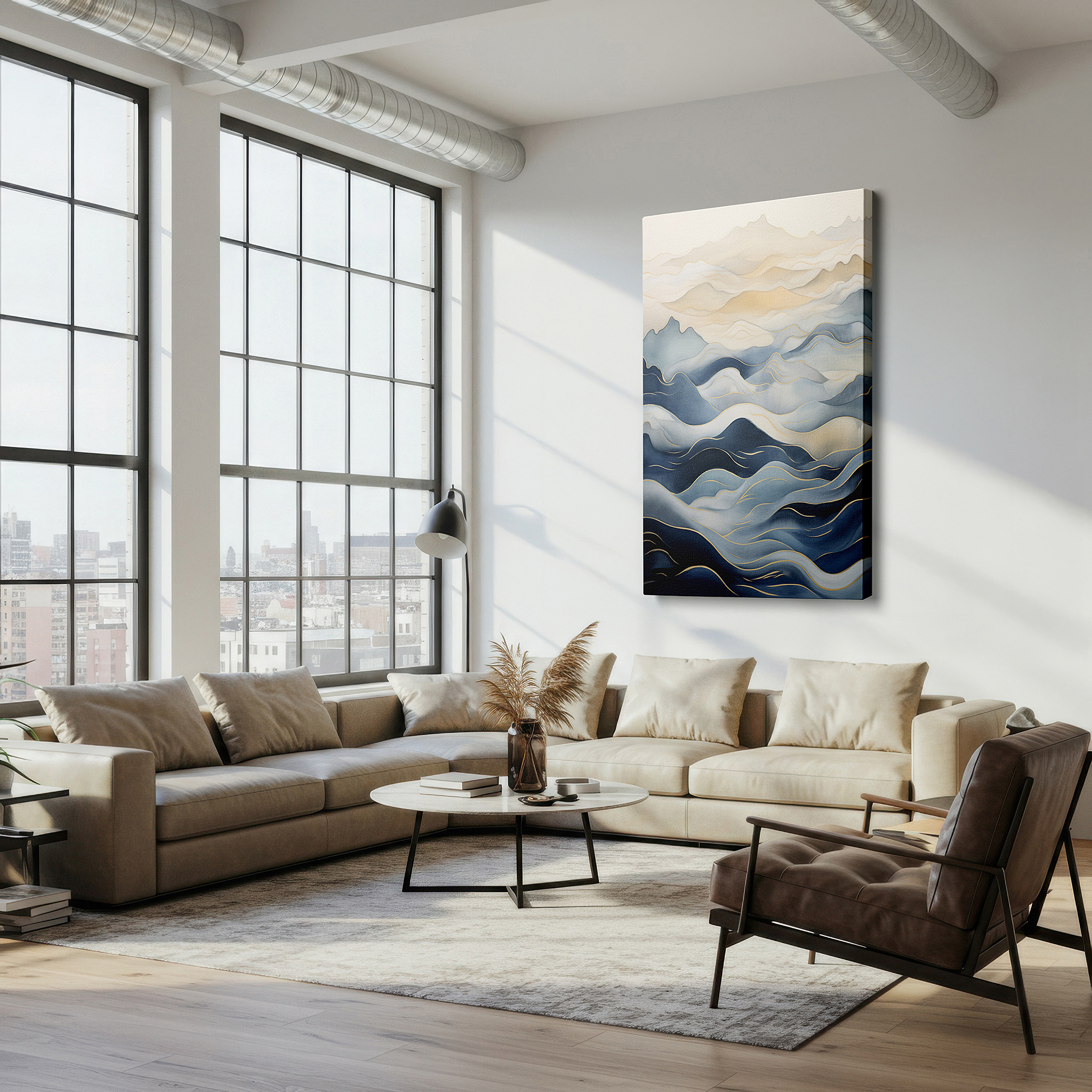 Featured in a dining room with dark wood furniture and candlelight — tranquil waves and gentle gradients inspire peacefulness large wall art, canvas wall art, wall decor for office, bedroom, and living room