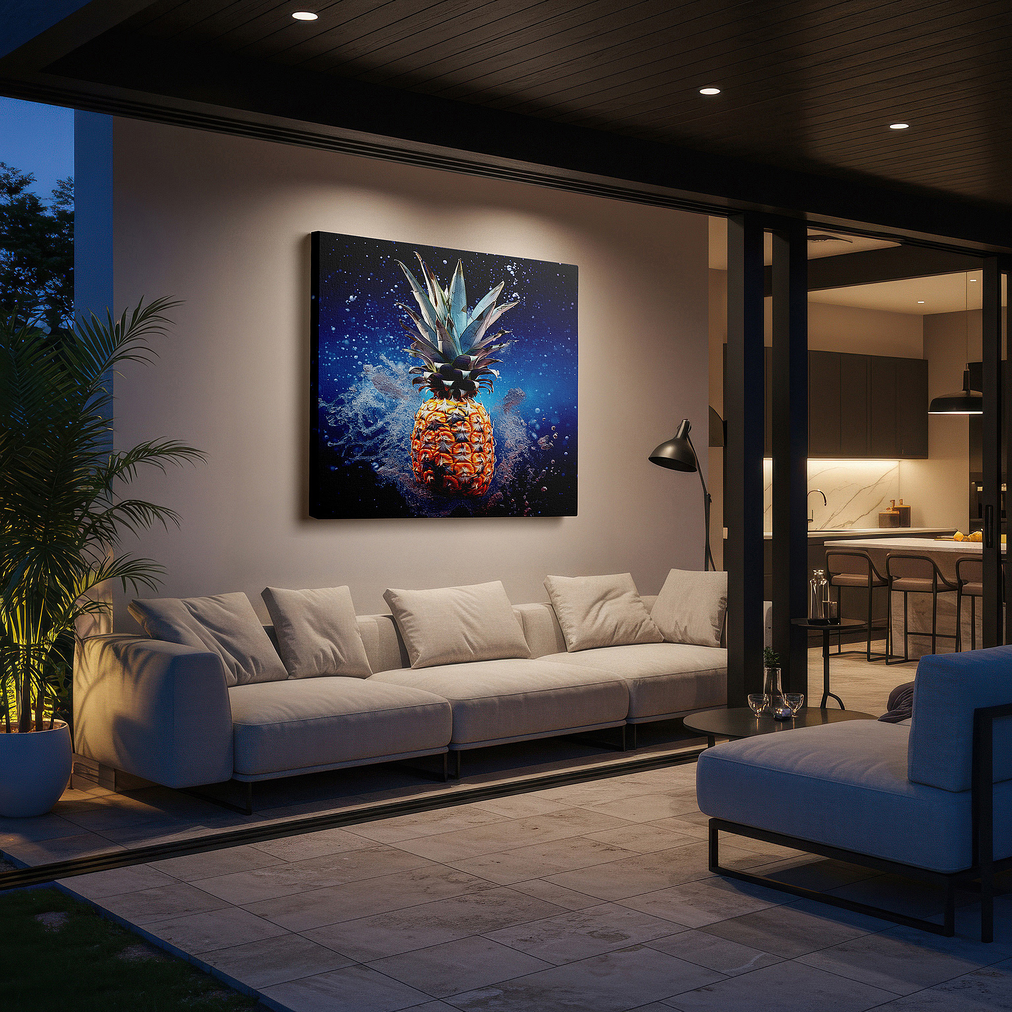 Featured in a dining room with dark wood furniture and candlelight — tropical pineapple splash wall art: vibrant summer symphony on deep ocean blue canvas, perfect for office or bedroom decor