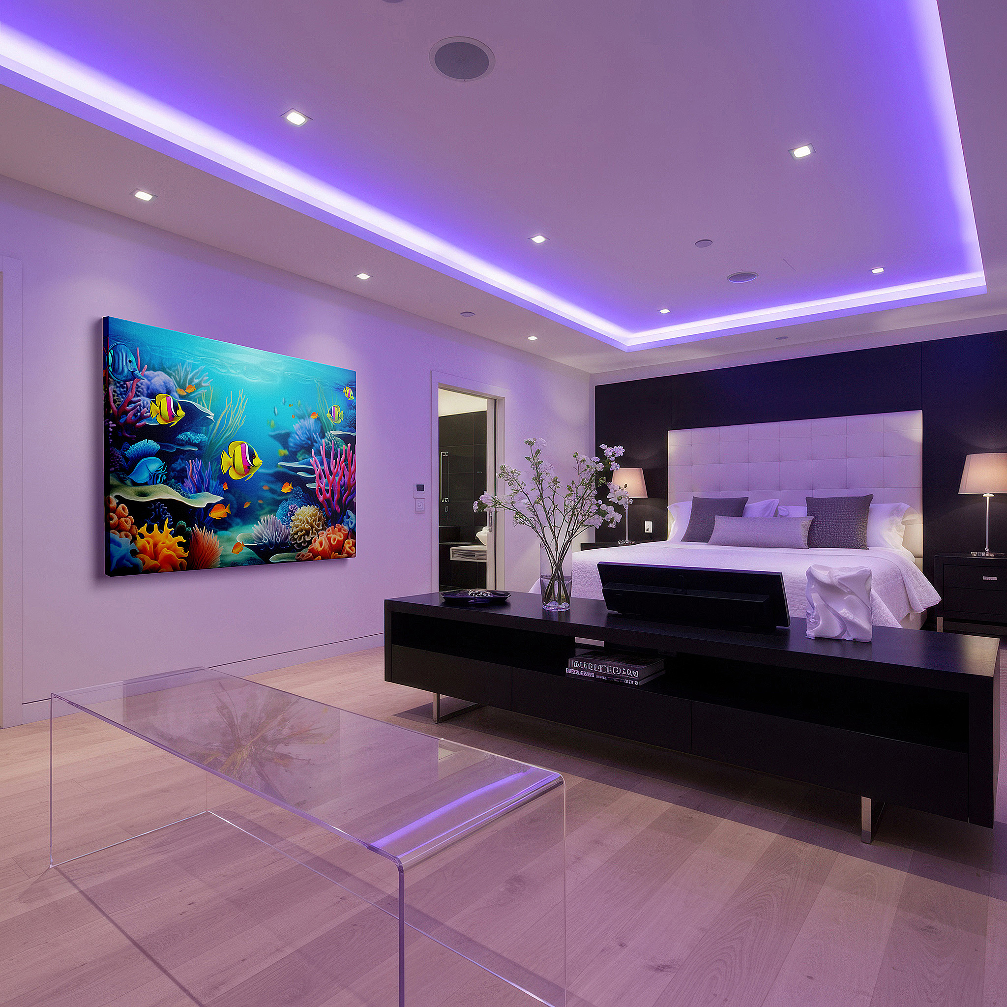 Featured in a dining room with dark wood furniture and candlelight — underwater paradise: vibrant coral reef and tropical fish large canvas wall art for home and office decor