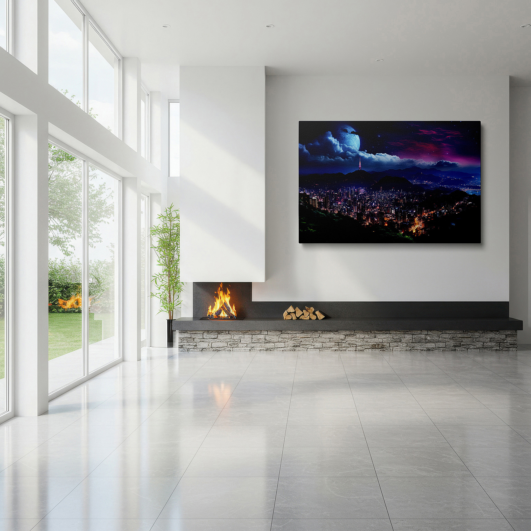 Featured in a dining room with dark wood furniture and candlelight — urban nightscape featuring a bright moon above a bustling city - large canvas wall art for offices, bedrooms, and living rooms