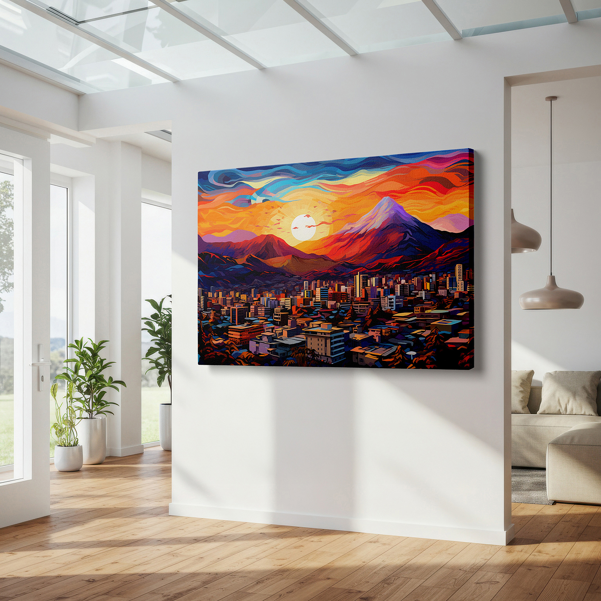 Featured in a dining room with dark wood furniture and candlelight — urban sunset symphony - vibrant cityscape with majestic mountains large wall art, canvas wall decor for offices and bedrooms