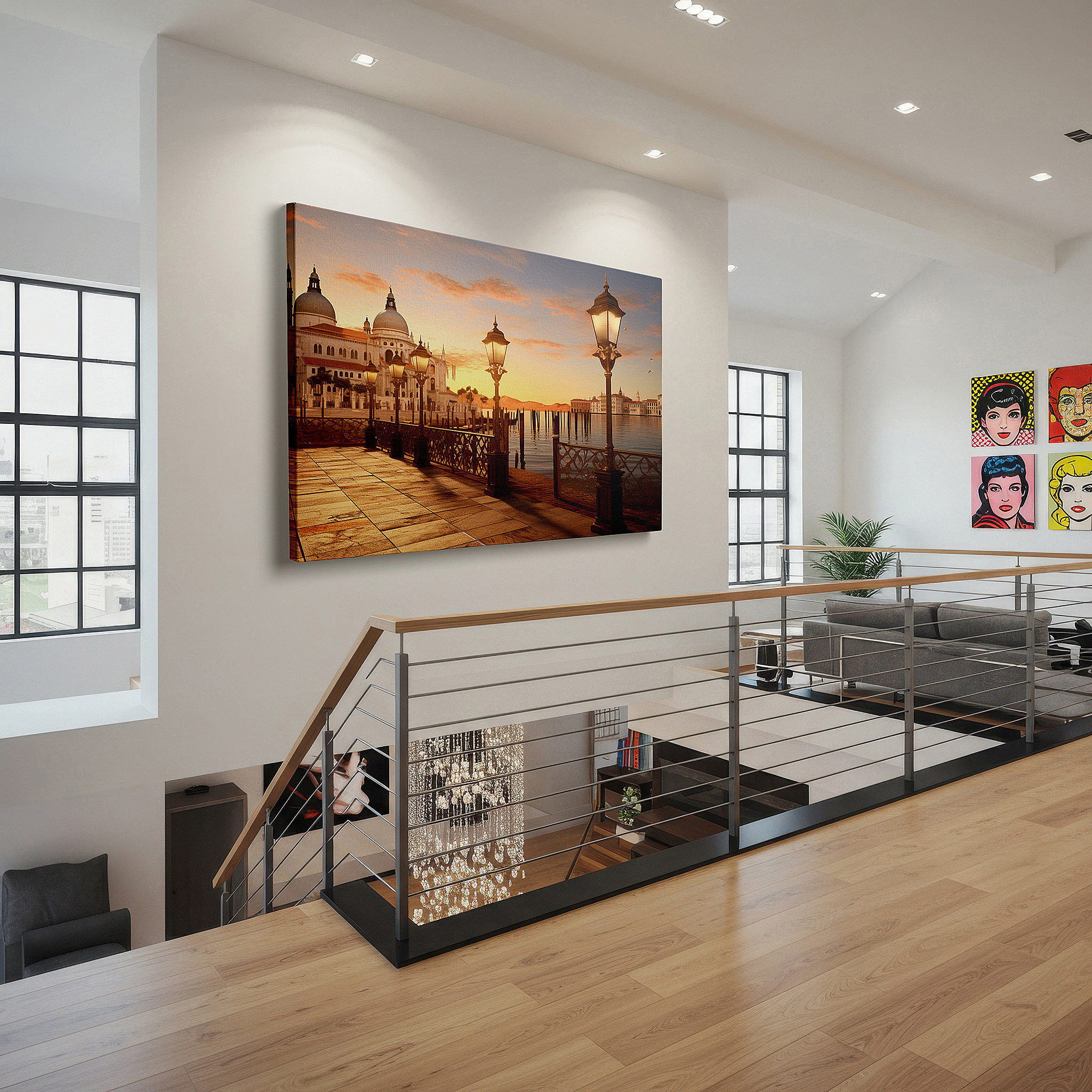 Featured in a dining room with dark wood furniture and candlelight — venetian waterfront at dusk: a symphony of light and romance - large canvas wall art for office, bedroom, and living room decor