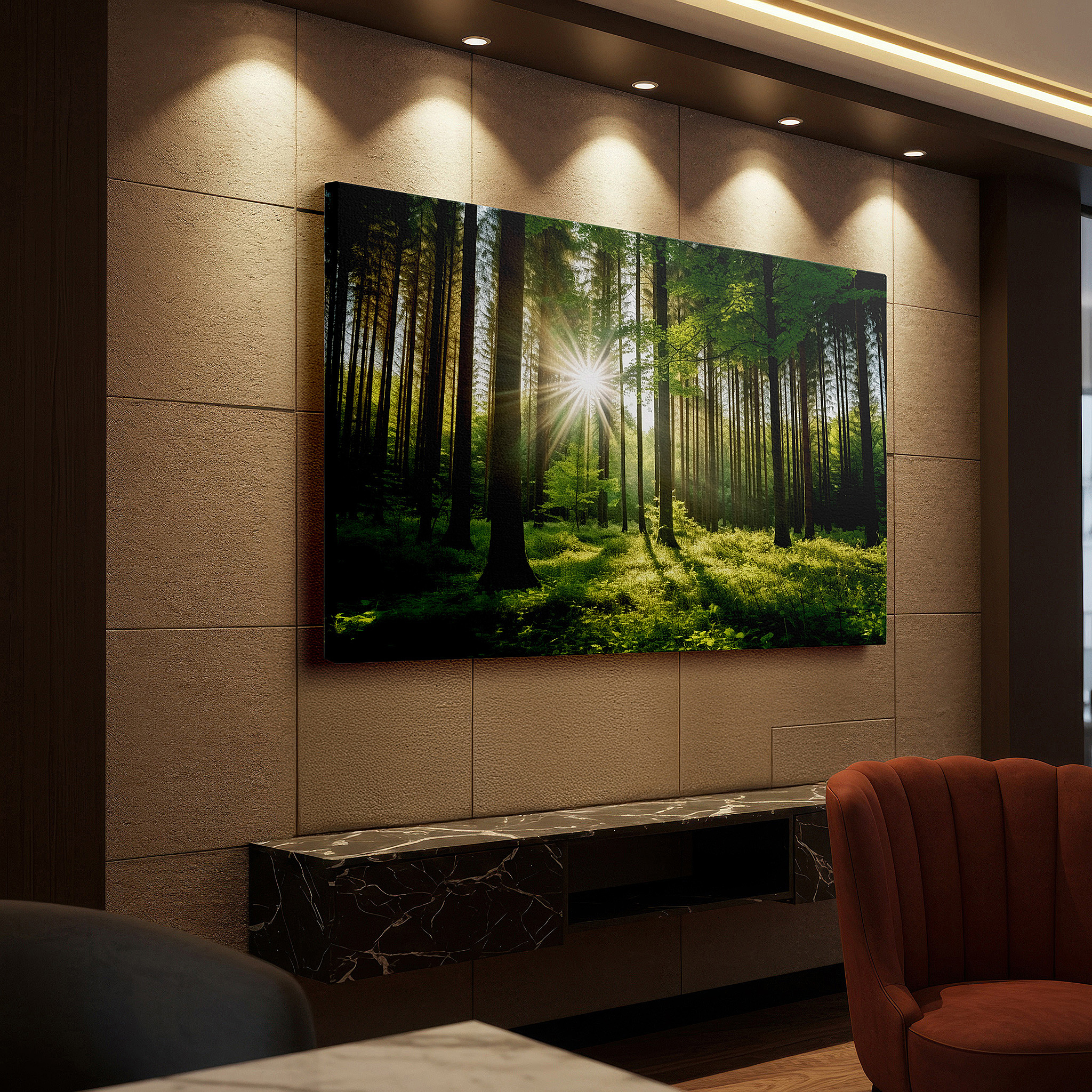Featured in a dining room with dark wood furniture and candlelight — verdant forest sanctuary wall art: embrace the serenity of nature with large canvas prints for home and office decor