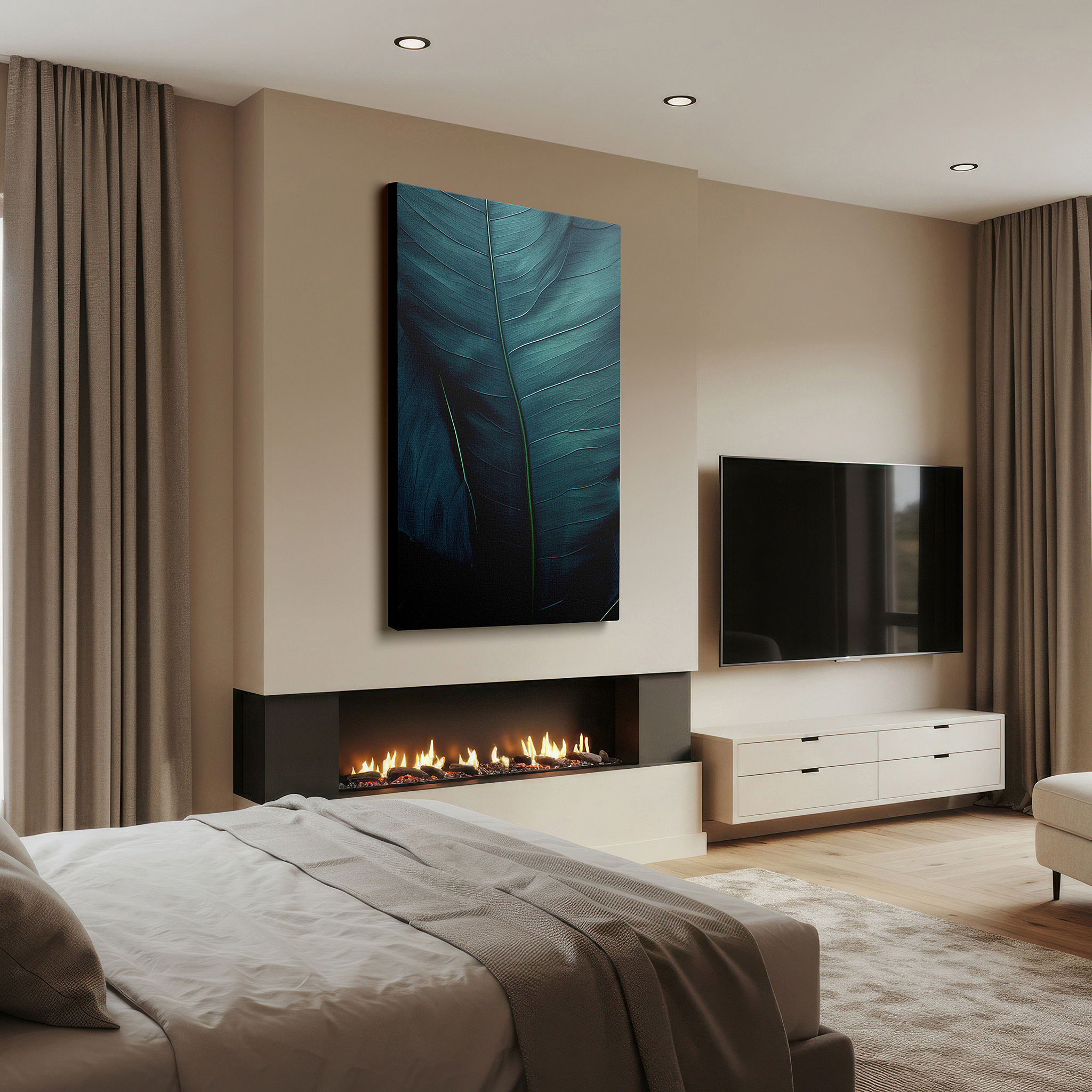 Featured in a dining room with dark wood furniture and candlelight — verdant paradise: exquisite large wall art featuring lush, textured green leaves - canvas wall art for office decor