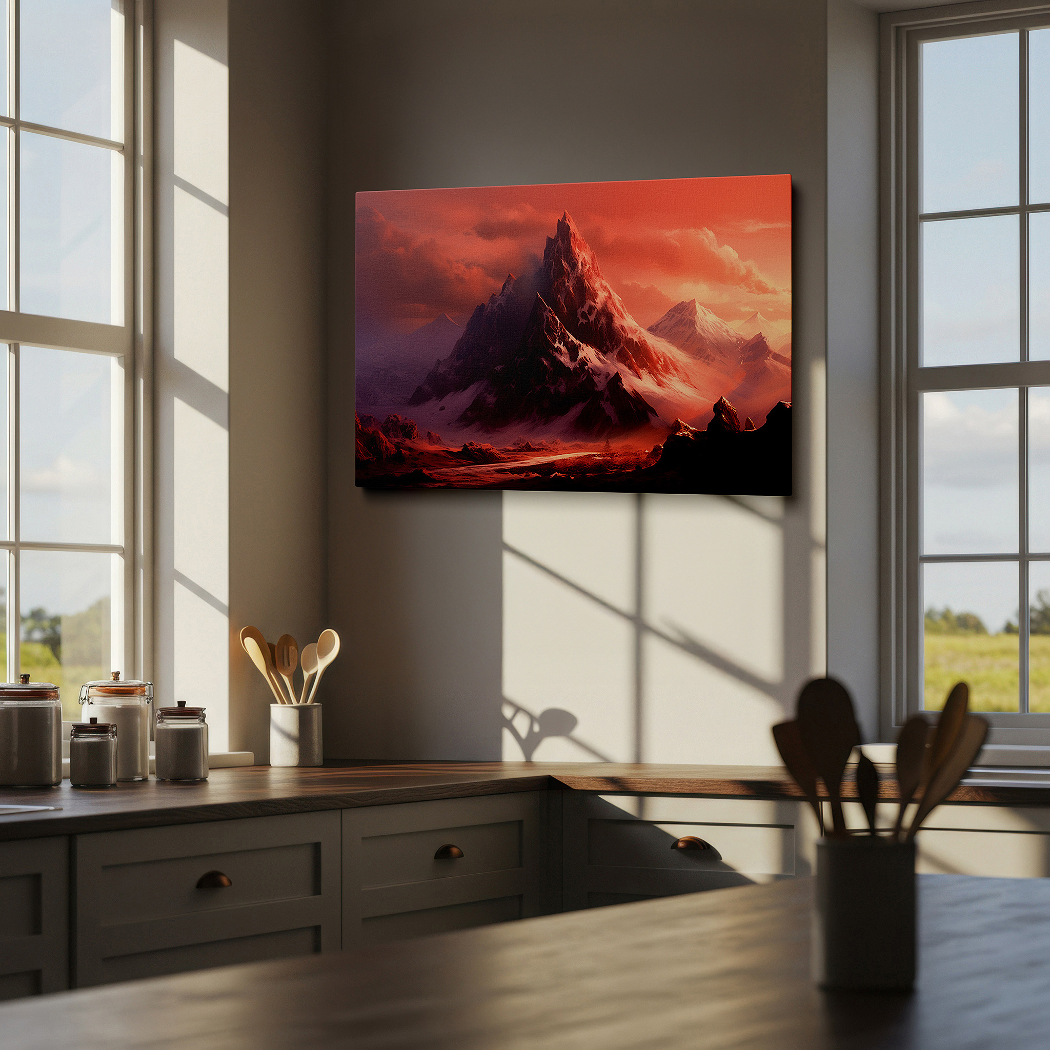 Featured in a dining room with dark wood furniture and candlelight — vermilion majestic mountain peak, dramatic nature-inspired large canvas wall art for office and bedroom decor