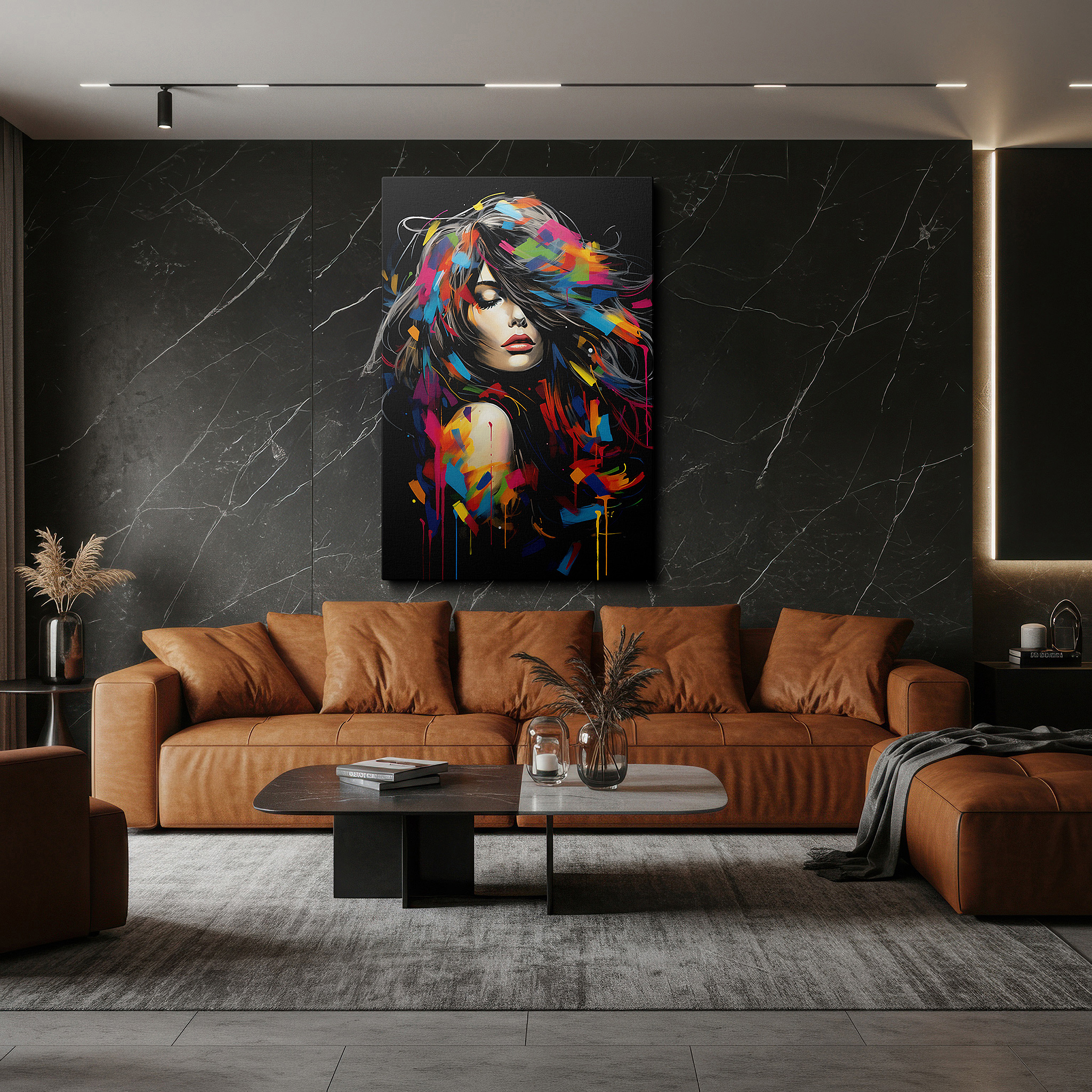 Featured in a dining room with dark wood furniture and candlelight — vibrant abstract female essence: emotion and creativity dance large canvas wall art for office and bedroom decor