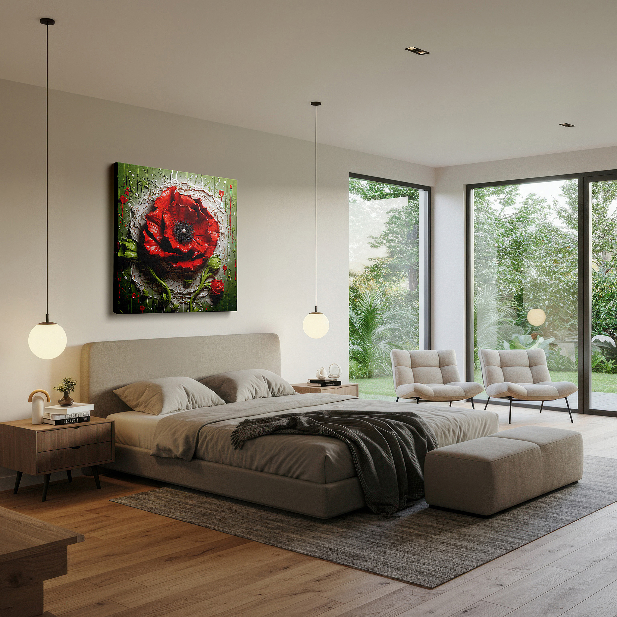 Featured in a dining room with dark wood furniture and candlelight — vibrant red poppy amidst chaotic paint splatters - a blend of nature and artistic expression large wall art, canvas wall art, wall decor, office wall art