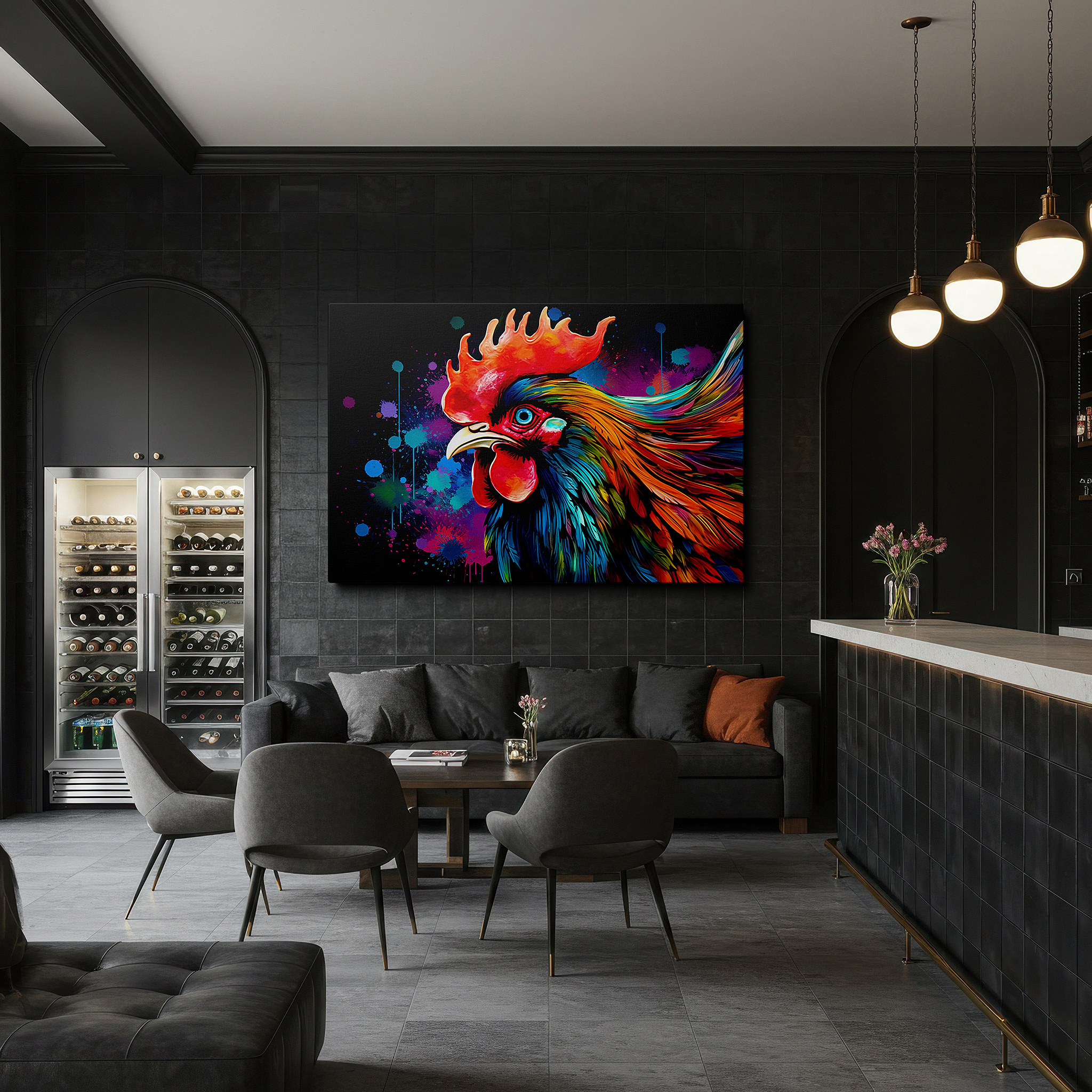 Featured in a dining room with dark wood furniture and candlelight — vibrant rooster mid-crow, emblem of dawn and fresh starts, large canvas wall art for office, bedroom, and living room decor