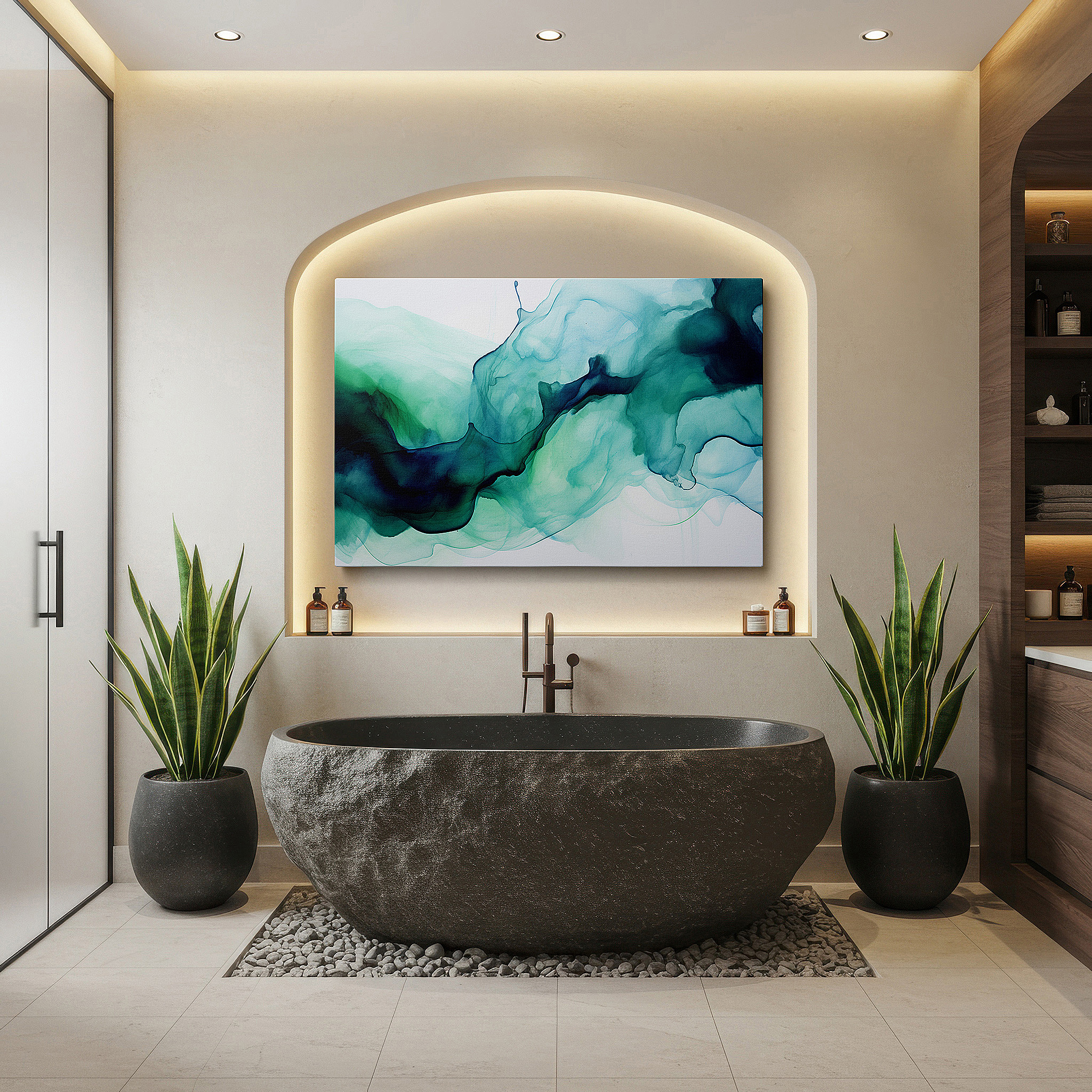 Featured in a dining room with dark wood furniture and candlelight — vibrant teal and green shades elegantly sweep over the canvas in a radiant exhibition of abstract expressionism, large wall art, canvas wall art, wall art