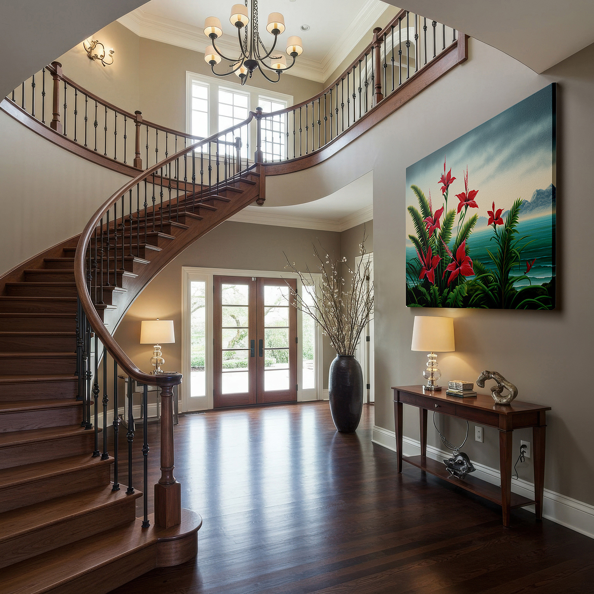 Featured in a dining room with dark wood furniture and candlelight — vibrant tropical paradise wall art featuring red hibiscus and lush greenery, perfect for office or bedroom decor