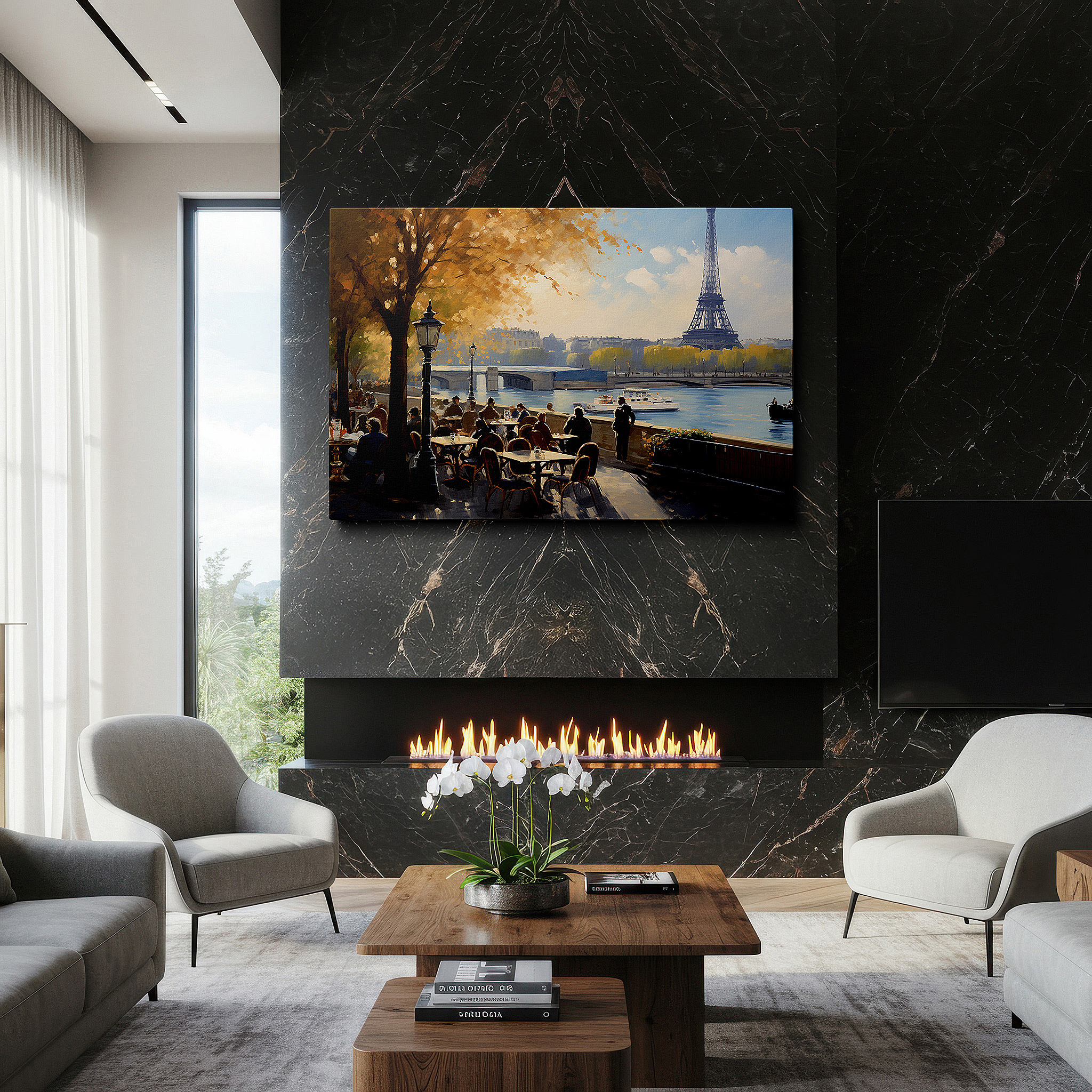 Featured in a dining room with dark wood furniture and candlelight — wall art: "autumn in paris" - vibrant café scene with the eiffel tower, large canvas wall art for office, bedroom, and living room decor