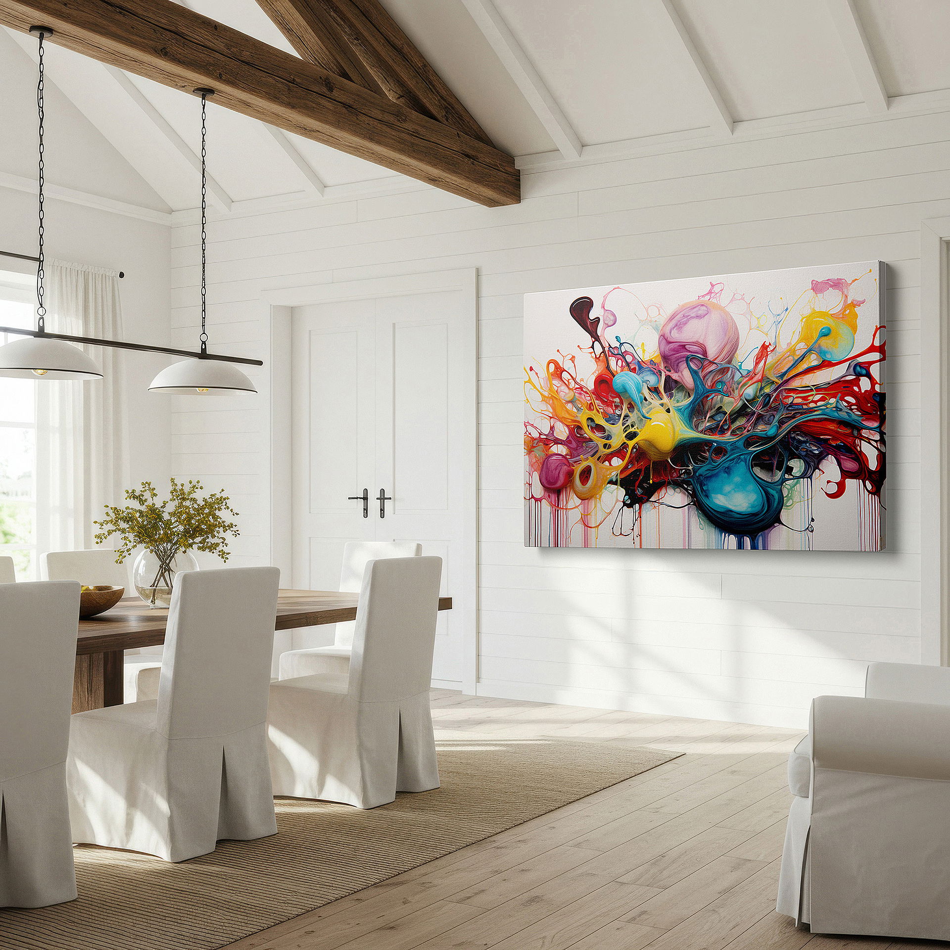 Featured in a dining room with dark wood furniture and candlelight — wall art: a captivating journey through color and shape