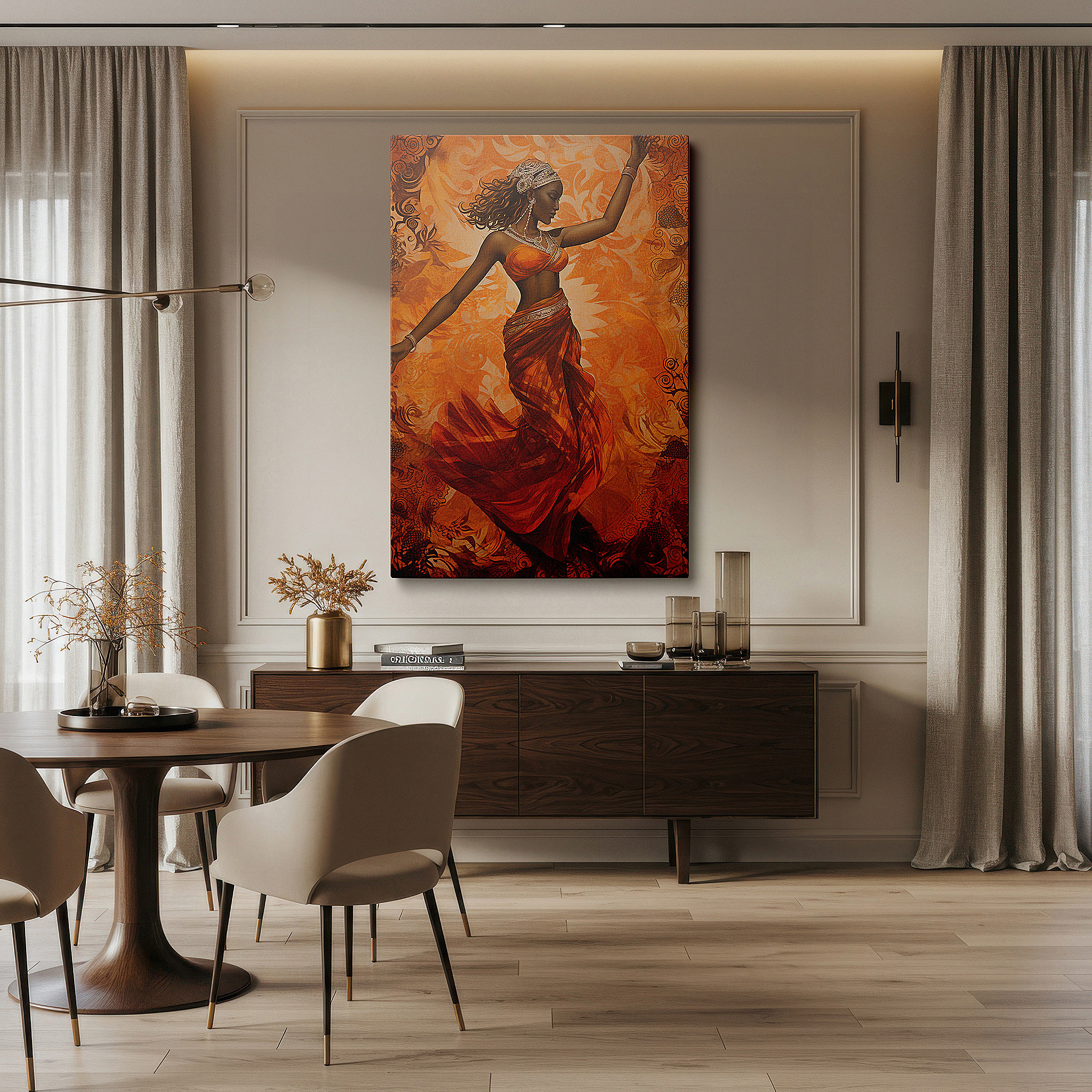 Featured in a dining room with dark wood furniture and candlelight — wall art: celebrating cultural identity with a graceful dance of tradition in vibrant orange - large canvas wall art for office and bedroom decor