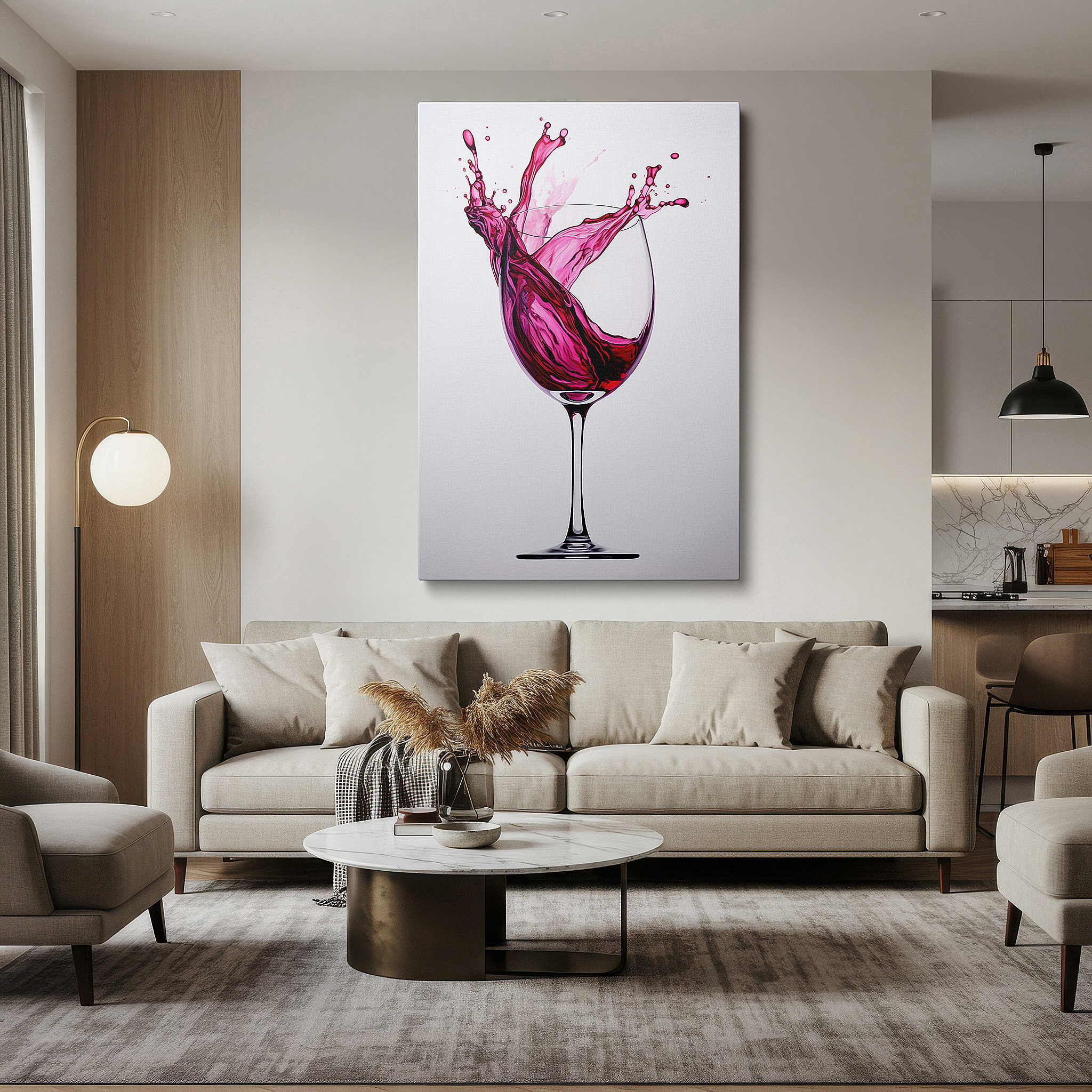 Featured in a dining room with dark wood furniture and candlelight — wall art: celebrating the energetic dance of wine with a vivid splash on stark white - large canvas wall art for office and bedroom decor