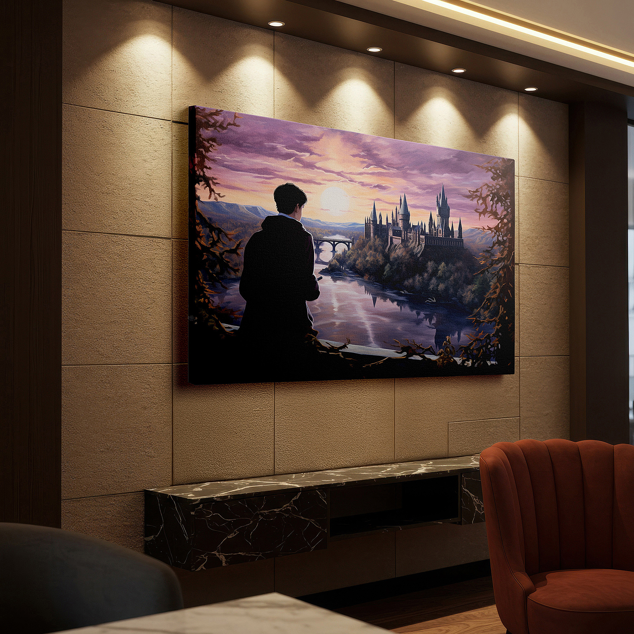 Featured in a dining room with dark wood furniture and candlelight — wall art: enchanting castle at sunset featuring a mysterious cloaked figure - ideal for office and bedroom decor, large canvas wall art