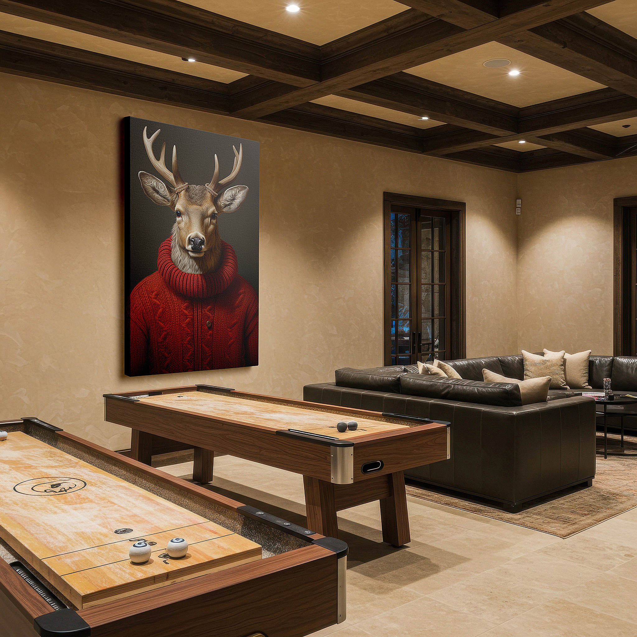 Featured in a dining room with dark wood furniture and candlelight — wall art: enchanting deer in a red sweater surrounded by gentle forest - a playful fusion of nature and comfort. large canvas wall art for home and office decor.
