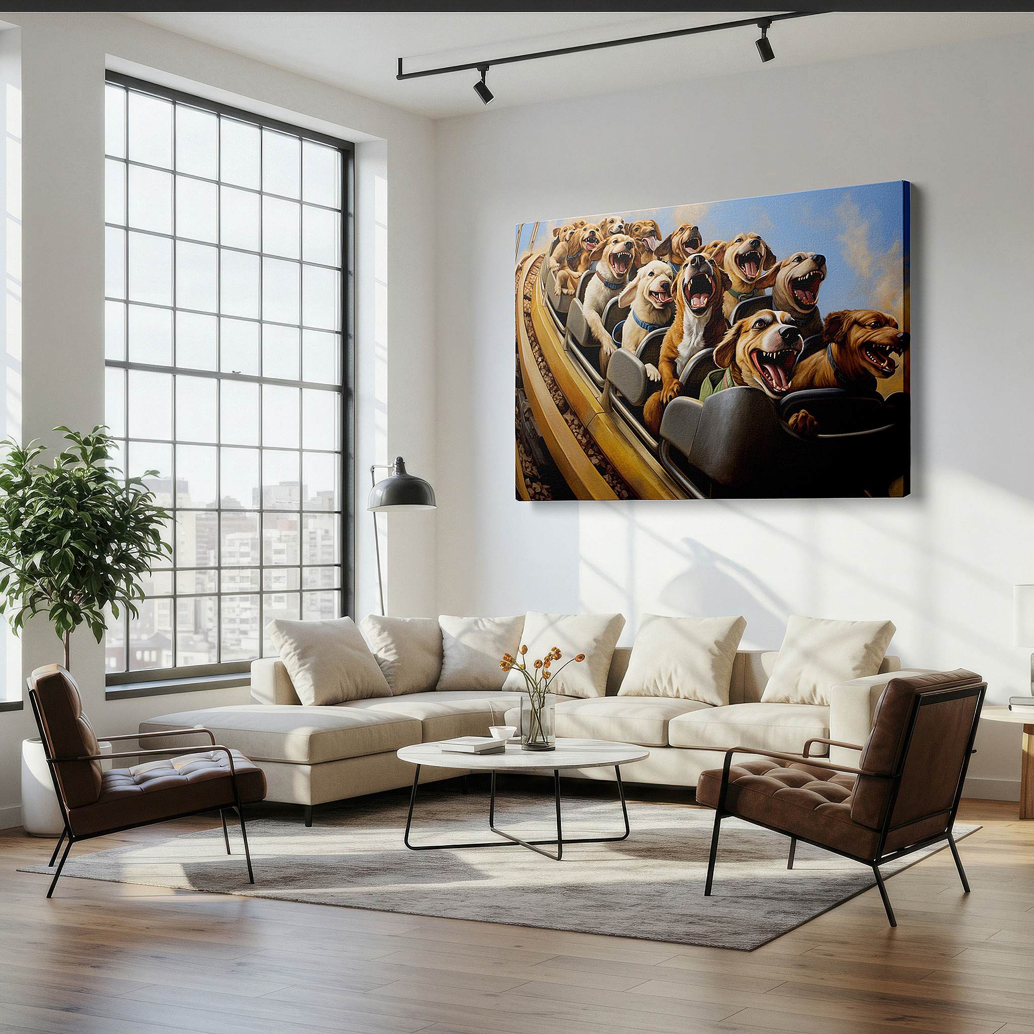 Featured in a dining room with dark wood furniture and candlelight — wall art: joyful dogs on a roller coaster - celebrating friendship and happiness, large canvas wall art for home and office decor