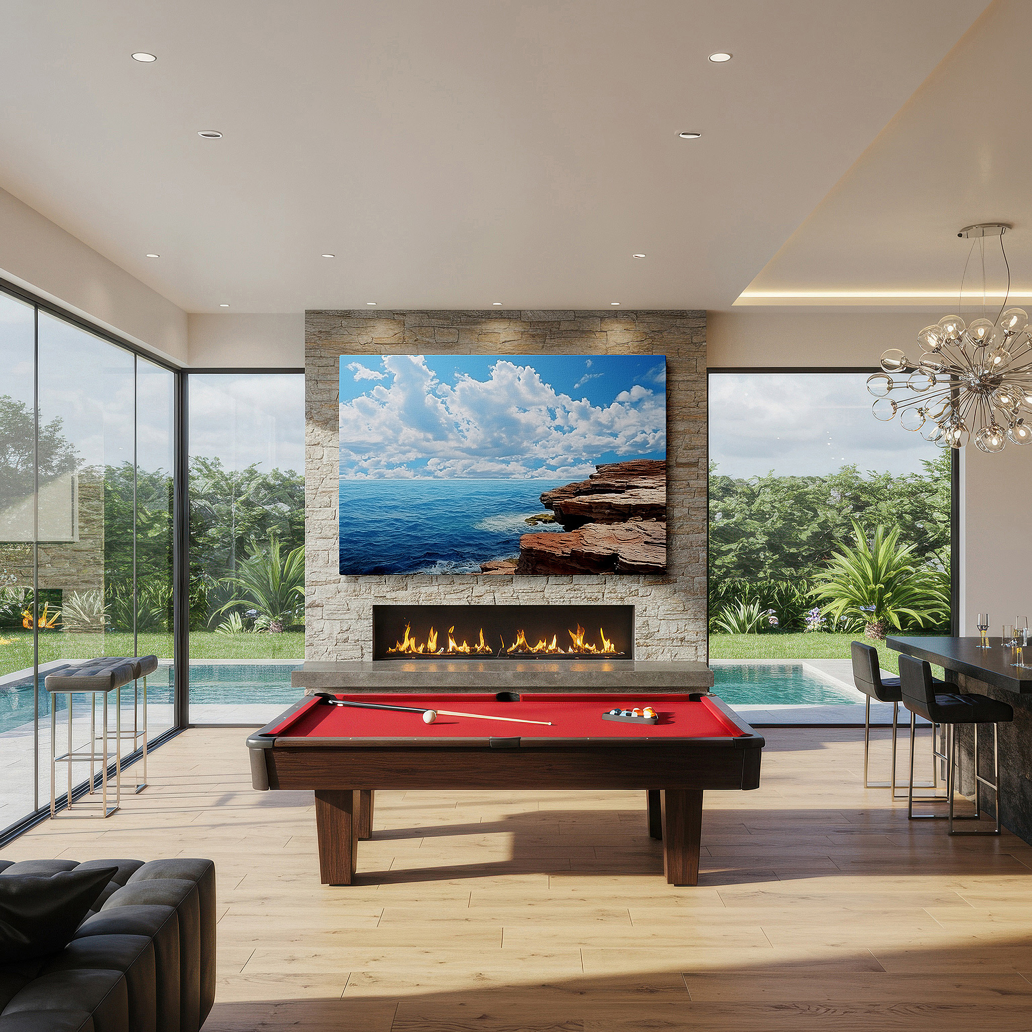 Featured in a dining room with dark wood furniture and candlelight — wall art: majestic cliffs and tranquil seas beneath expansive skies - nature's splendid dance. large canvas wall art for home and office decor.