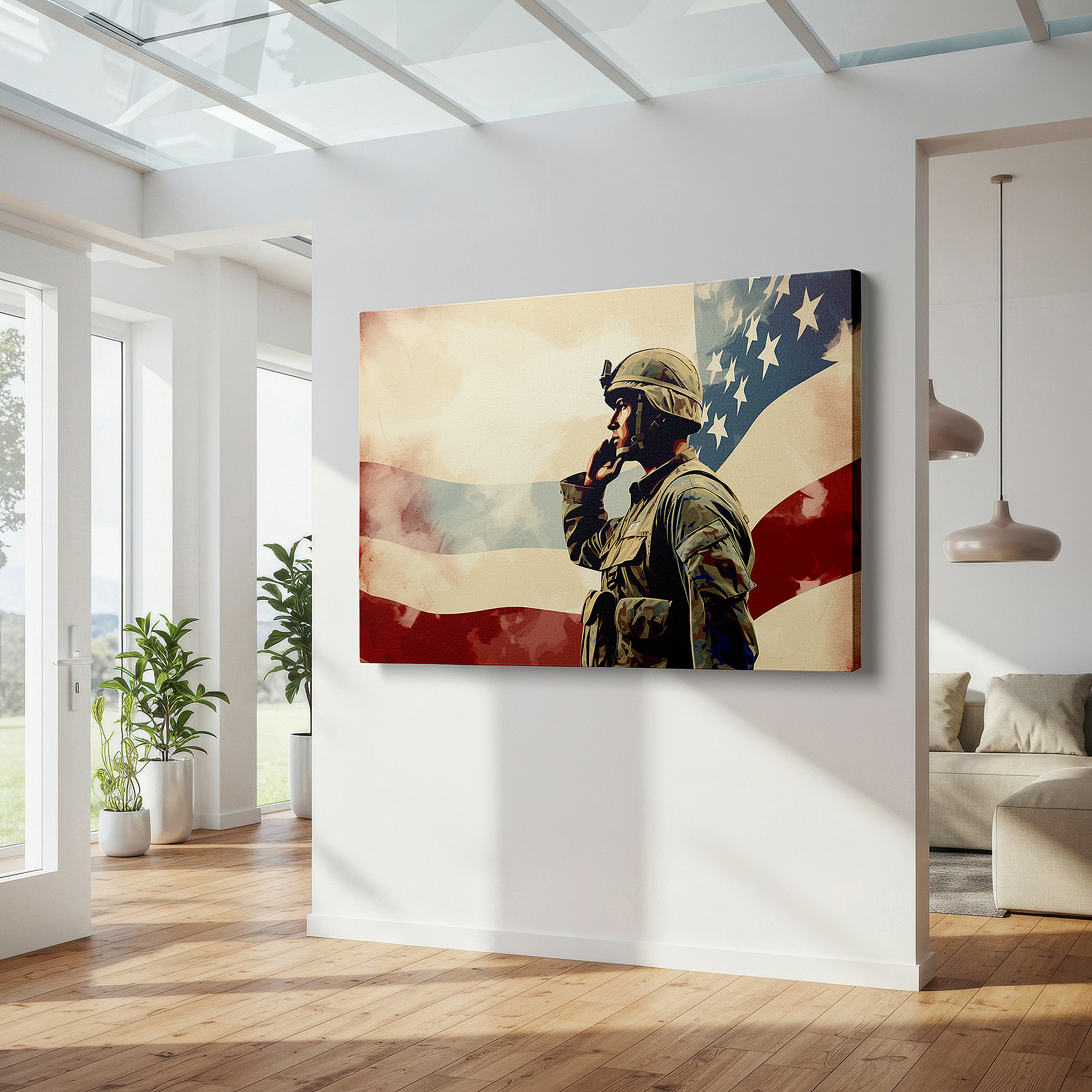 Featured in a dining room with dark wood furniture and candlelight — wall art: saluting soldier with american flag - a tribute to national pride and honor. large canvas wall art for office decor.