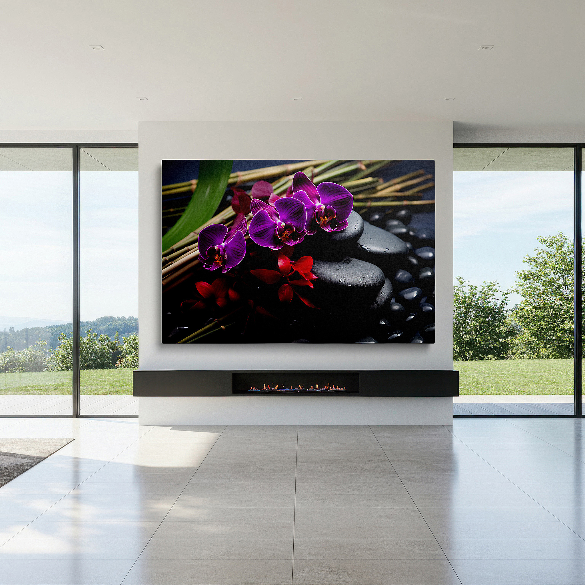 Featured in a dining room with dark wood furniture and candlelight — wall art: serene nature scene featuring purple orchids, smooth stones, and slender bamboo - large canvas wall art for office decor