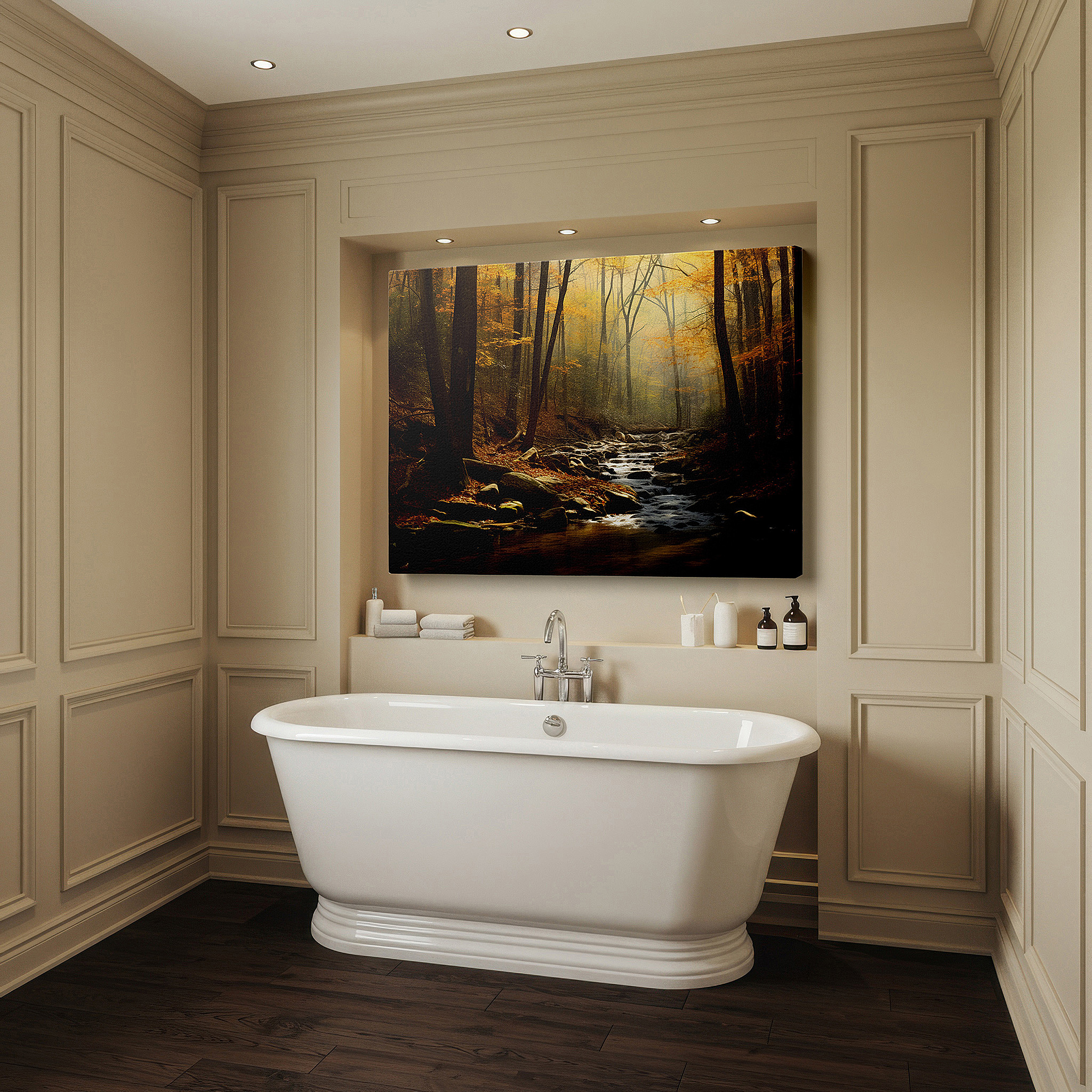 Featured in a dining room with dark wood furniture and candlelight — wall art: serene stream amidst autumn's vibrant canopy - a peaceful retreat for reflection, large canvas wall art for home and office decor, perfect for living room and bedroom