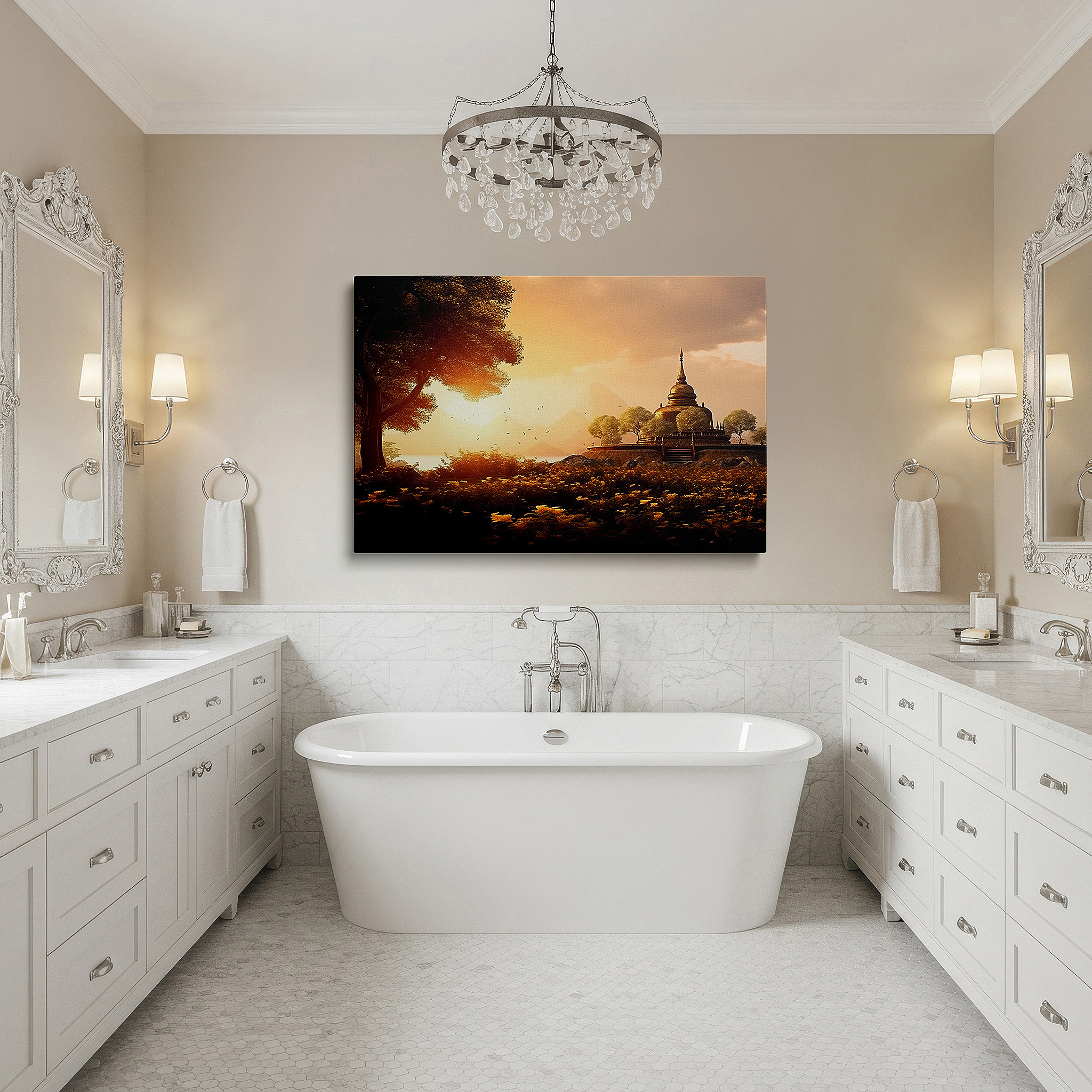Featured in a dining room with dark wood furniture and candlelight — wall art: serene temple in a verdant landscape at golden sunset - a haven of spiritual peace and architectural beauty, large canvas wall art decor.