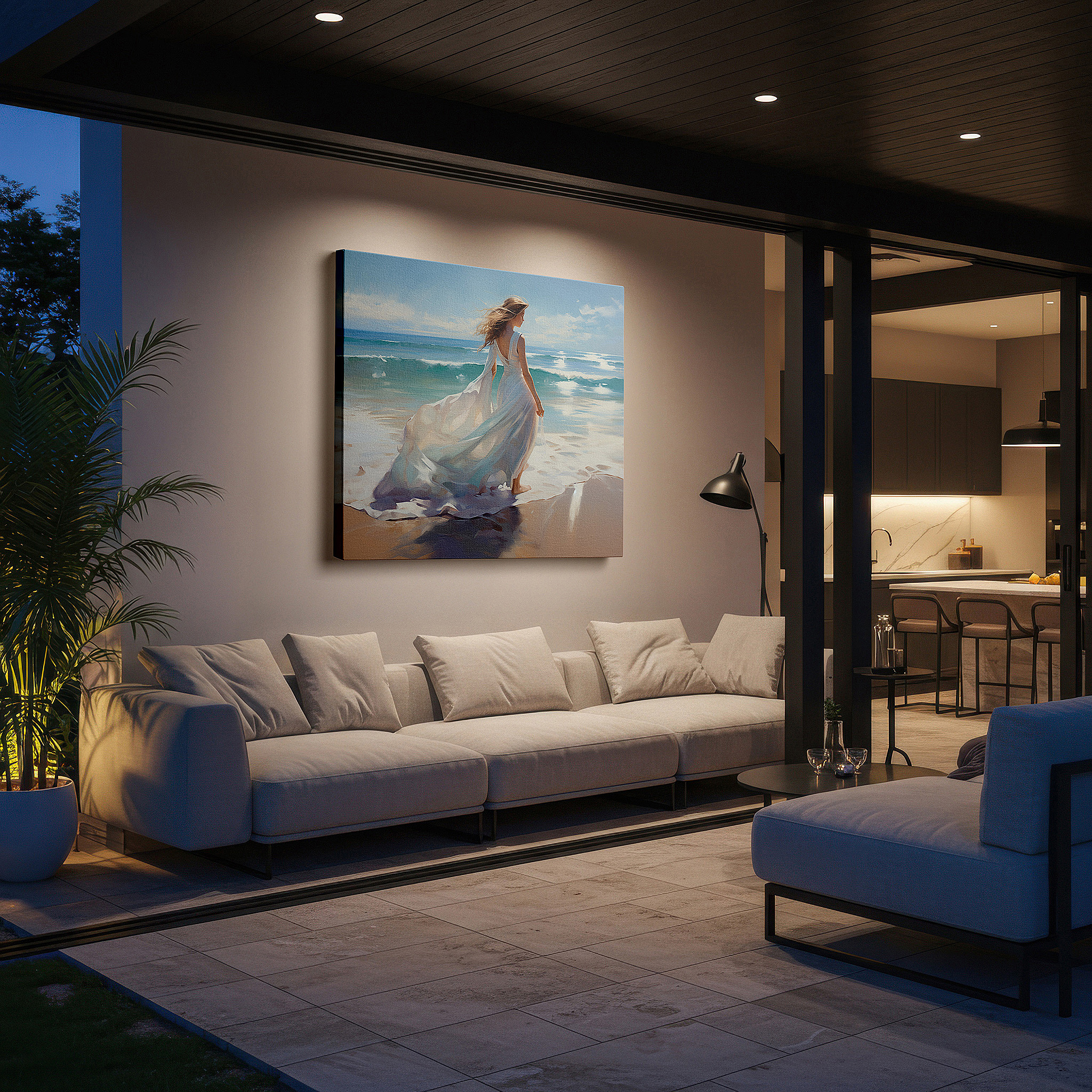Featured in a dining room with dark wood furniture and candlelight — wall art: a solitary figure in white on a sunlit shoreline - experience tranquility and connection with nature. ideal for home or office decor, available as large canvas wall art.