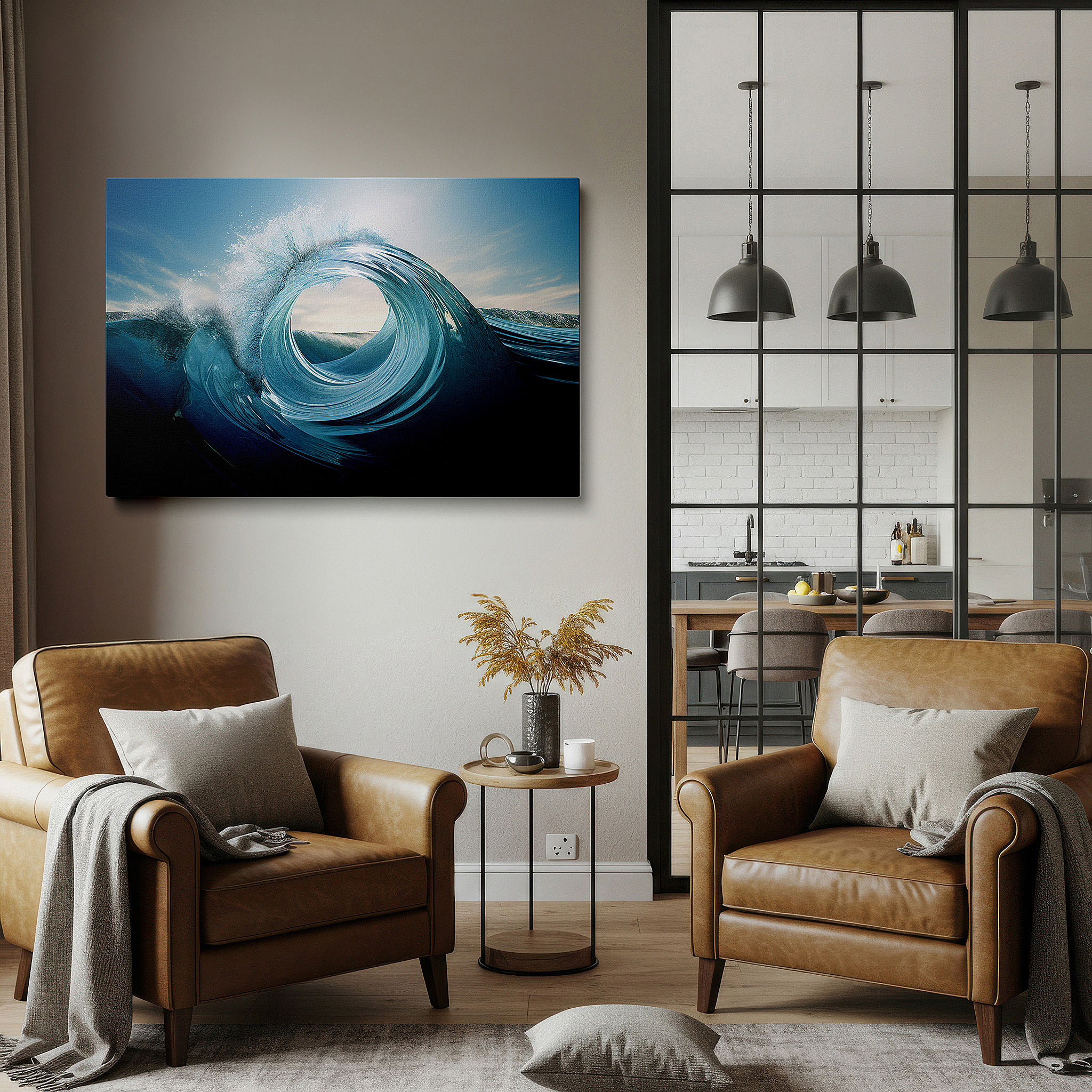Featured in a dining room with dark wood furniture and candlelight — wall art: sunlit ocean wave - a hyper-realistic depiction of nature's dynamic beauty. large canvas wall art decor.