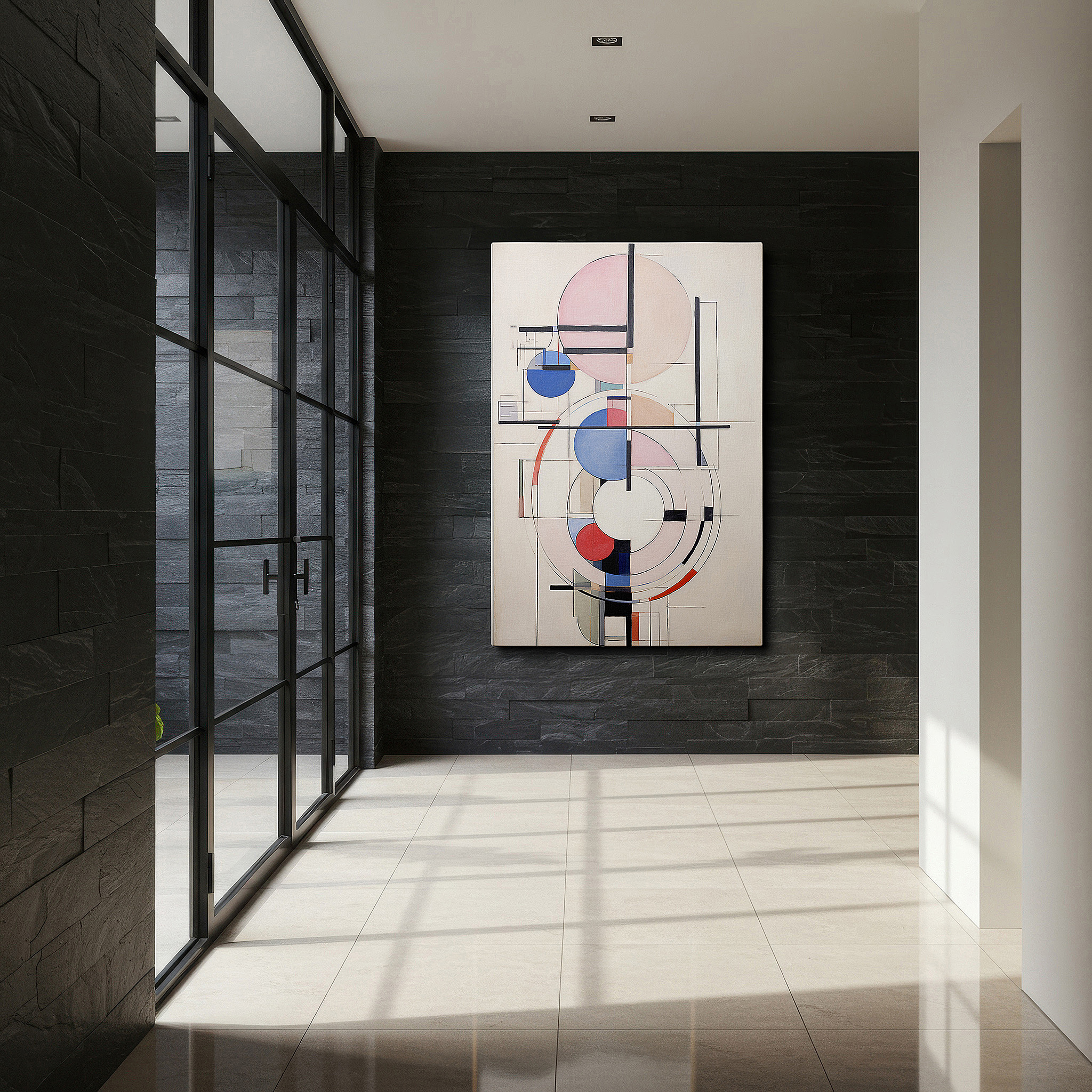 Featured in a dining room with dark wood furniture and candlelight — wall art: tranquil balance with soft geometric designs for peaceful contemplation - large canvas art, decorative wall pieces, office and bedroom decor