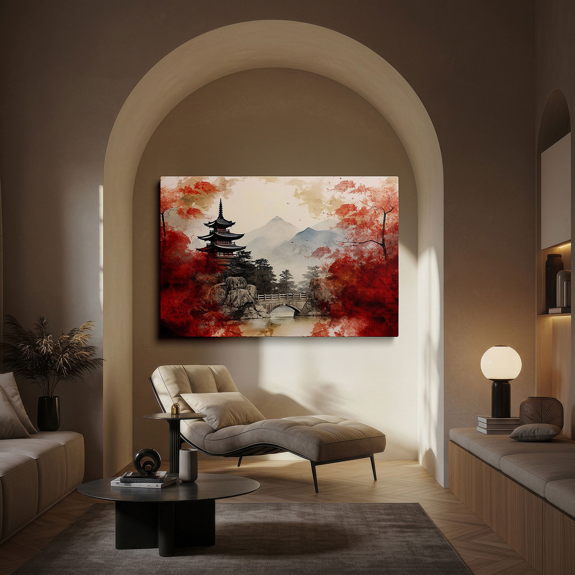 Featured in a dining room with dark wood furniture and candlelight — wall art: tranquil japanese pagoda surrounded by autumn